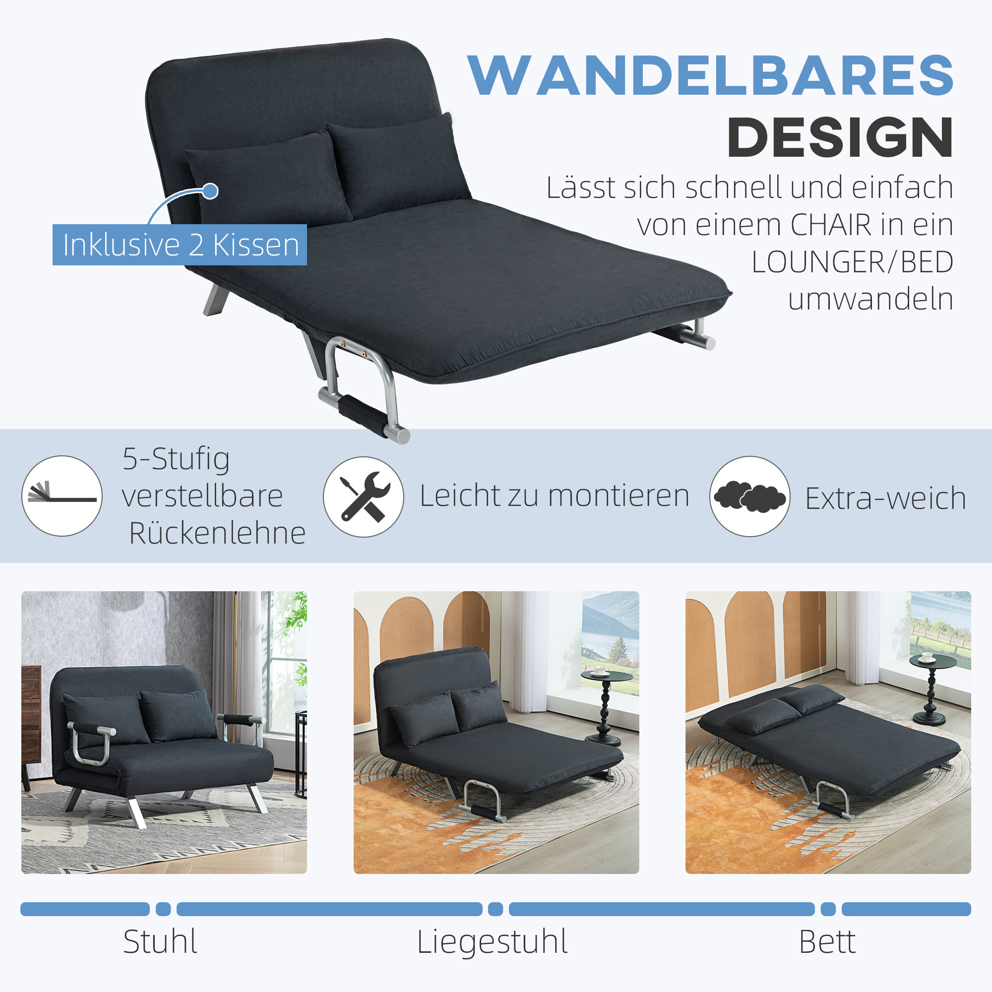 Schlafsofa, 5-fach verstellbar, Wildlederimitat, Stahlrahmen, inkl. Kissen, Schwarz
