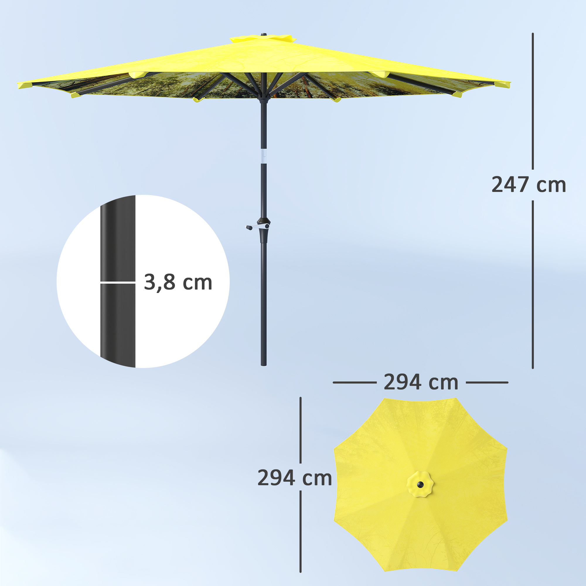 Sonnenschirm Ø300 cm, Sonnenschirm mit Handkurbel, achteckig Balkonschirm Gelb