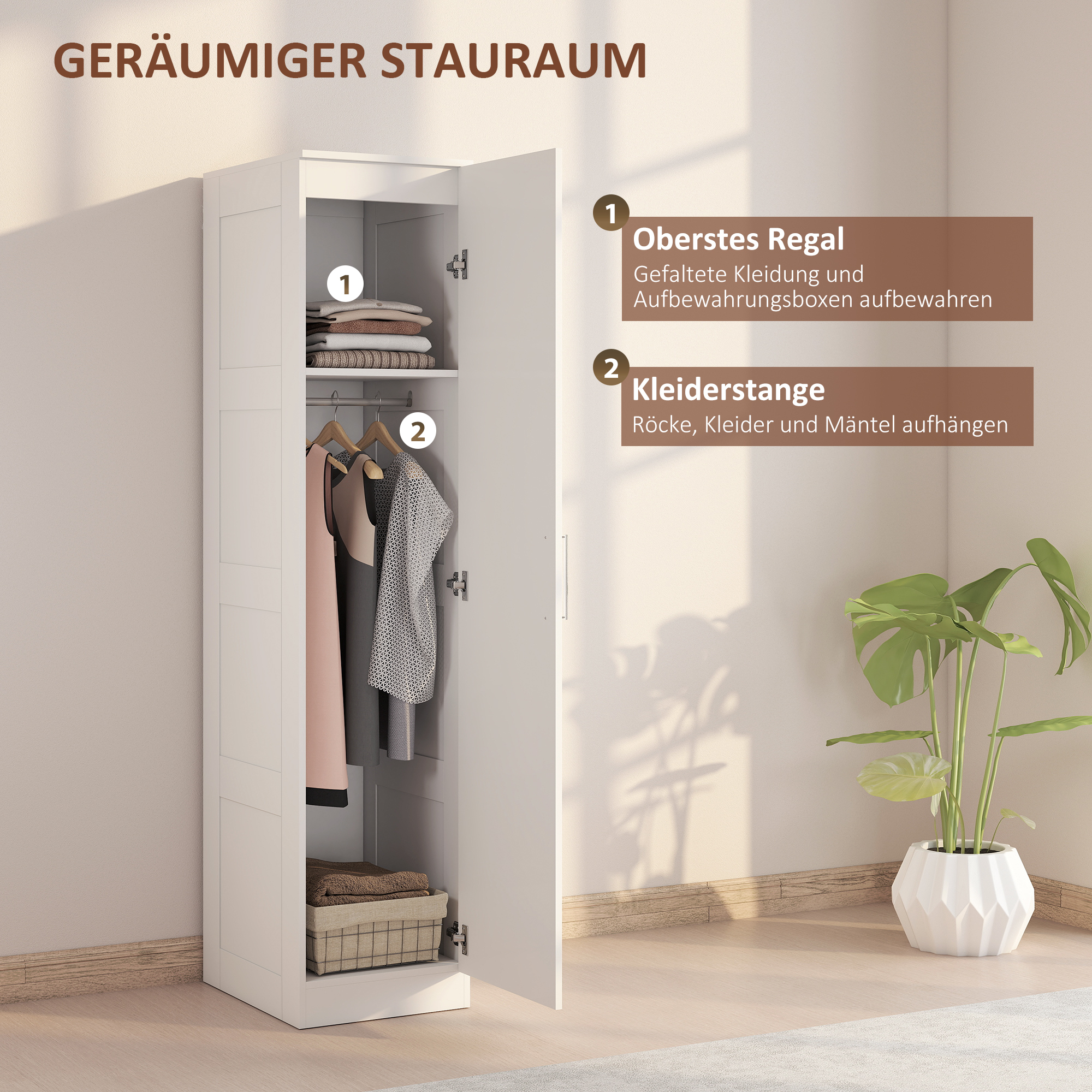 Kleiderschrank Mehrzweckschrank mit Kleiderstange, Regal, Soft-Close-Tür 40 x 52 x 180 cm Weiß