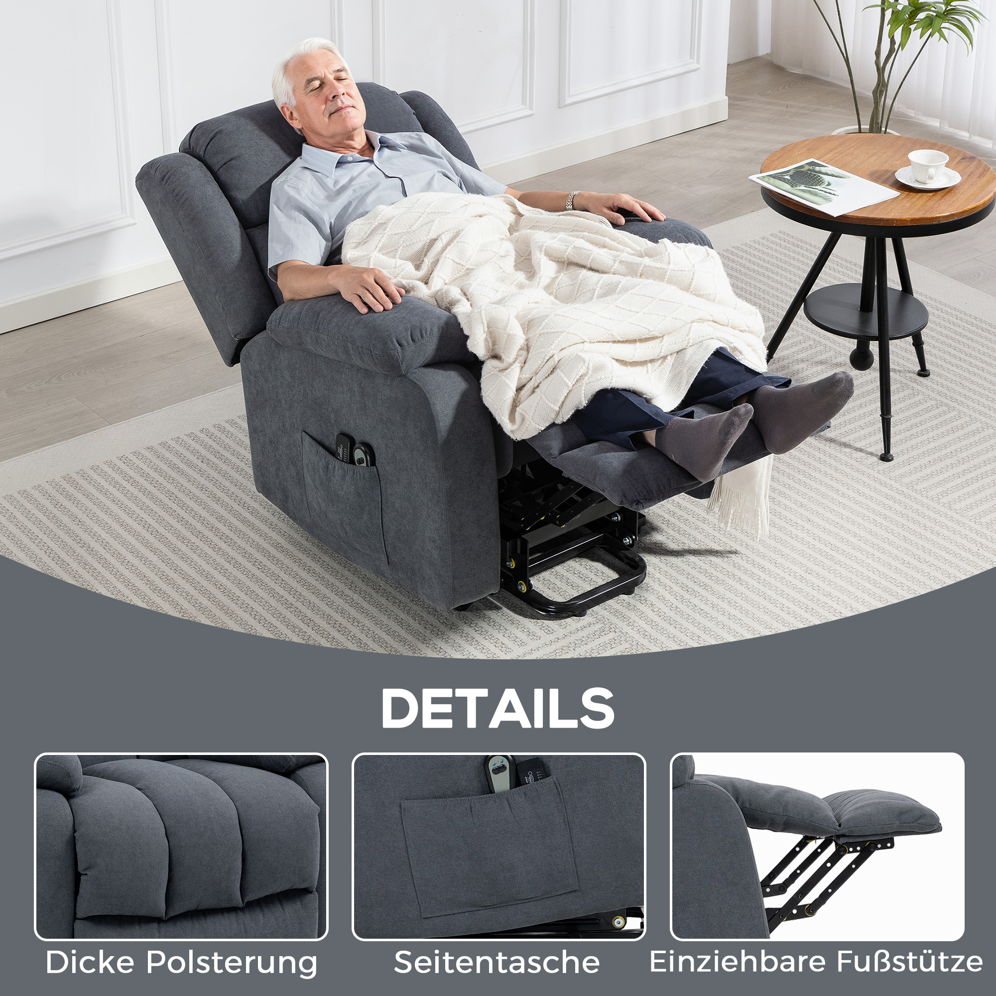 Fernsehsessel mit Aufstehhilfe Elektrisch Relaxsessel mit Liegefunktion, Massagefunktion, 93x91x103 cm, Dunkelgrau