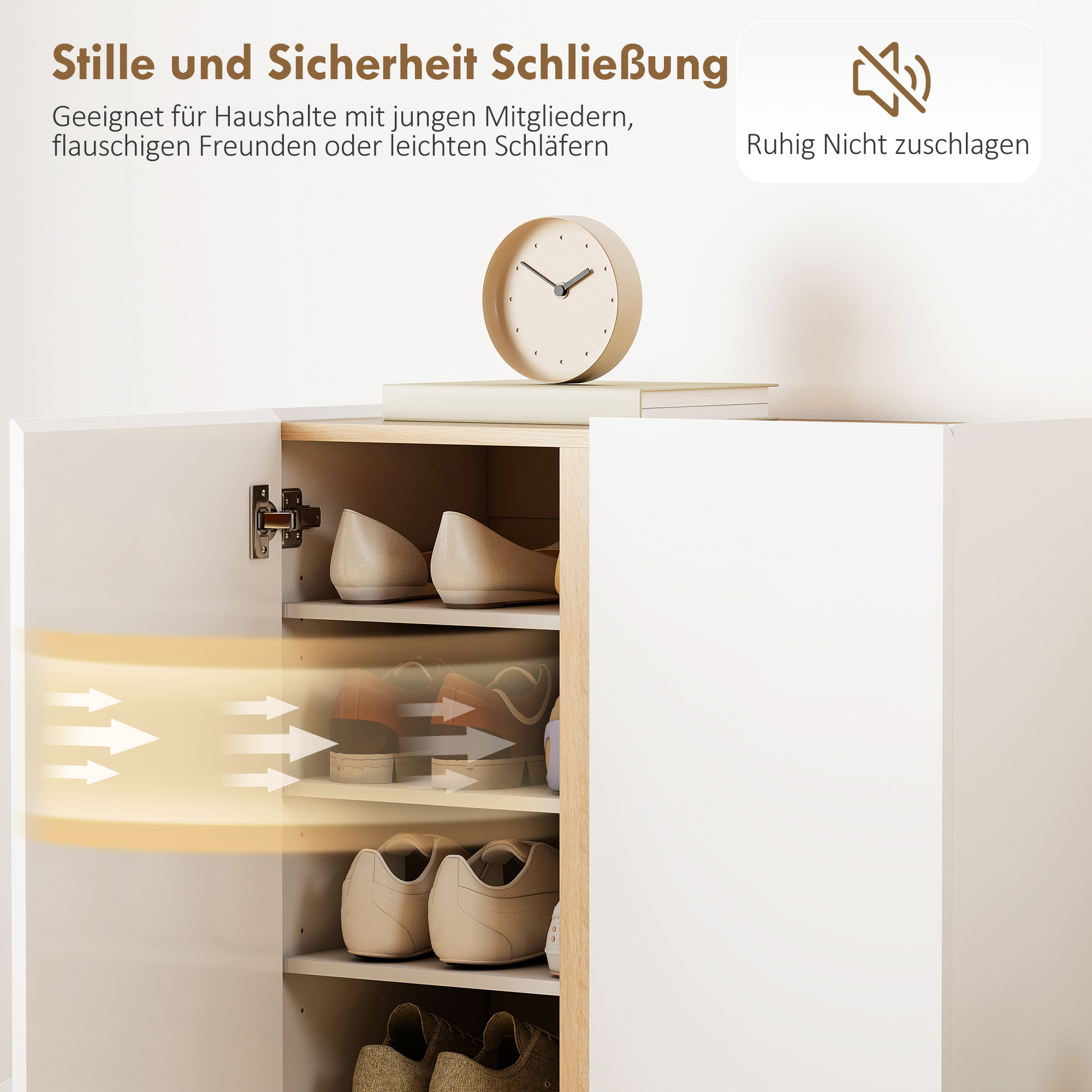 Schuhschrank mit Soft-Close-Funktion, 6-stufiges Design ohne Griffe, fasst bis zu 18 Paare, für Flur, Eingangsbereich, Holz, Weiß