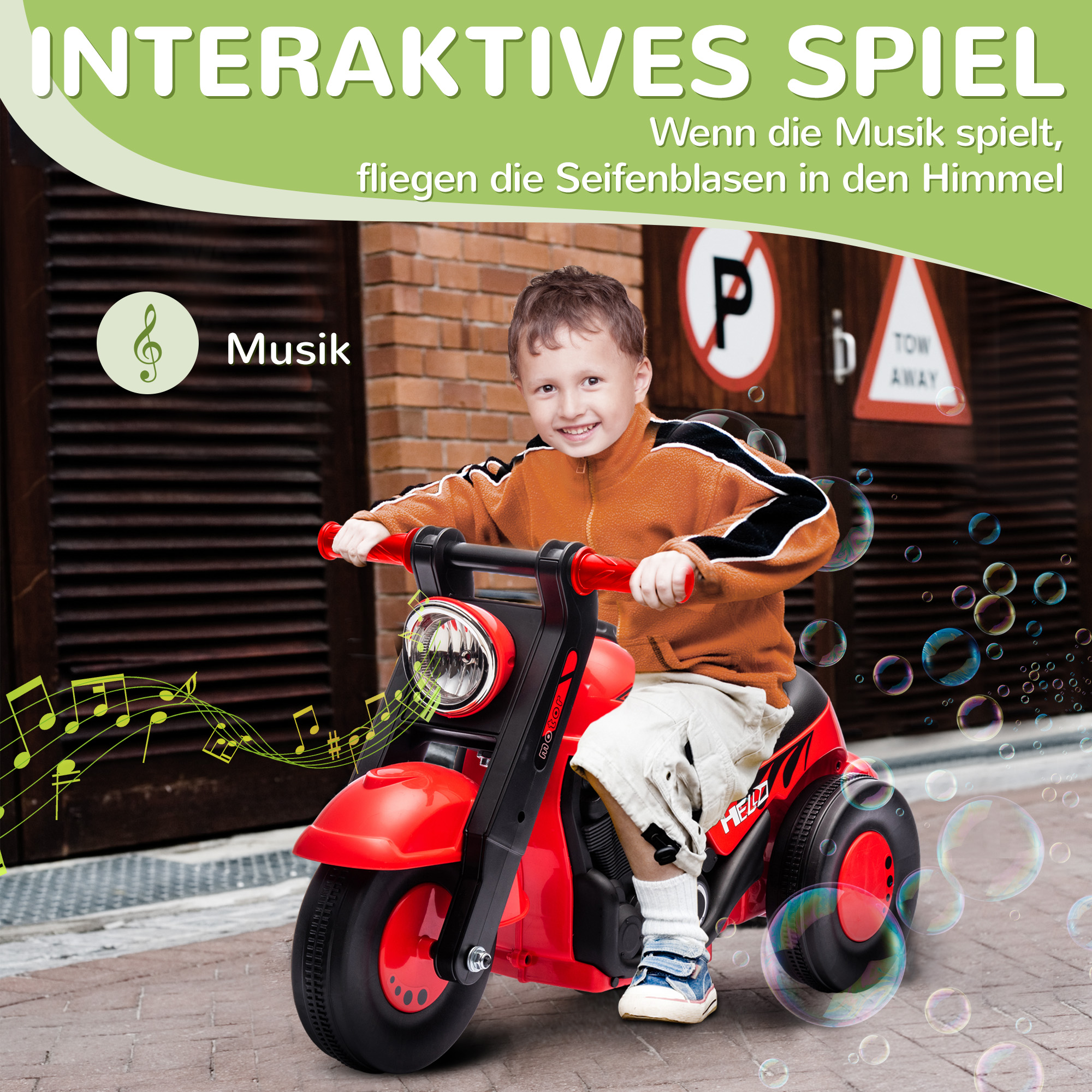 Rutschauto, Motorrad-Design, Musik und Seifenblasen, für 2-5 Jahre, Rot