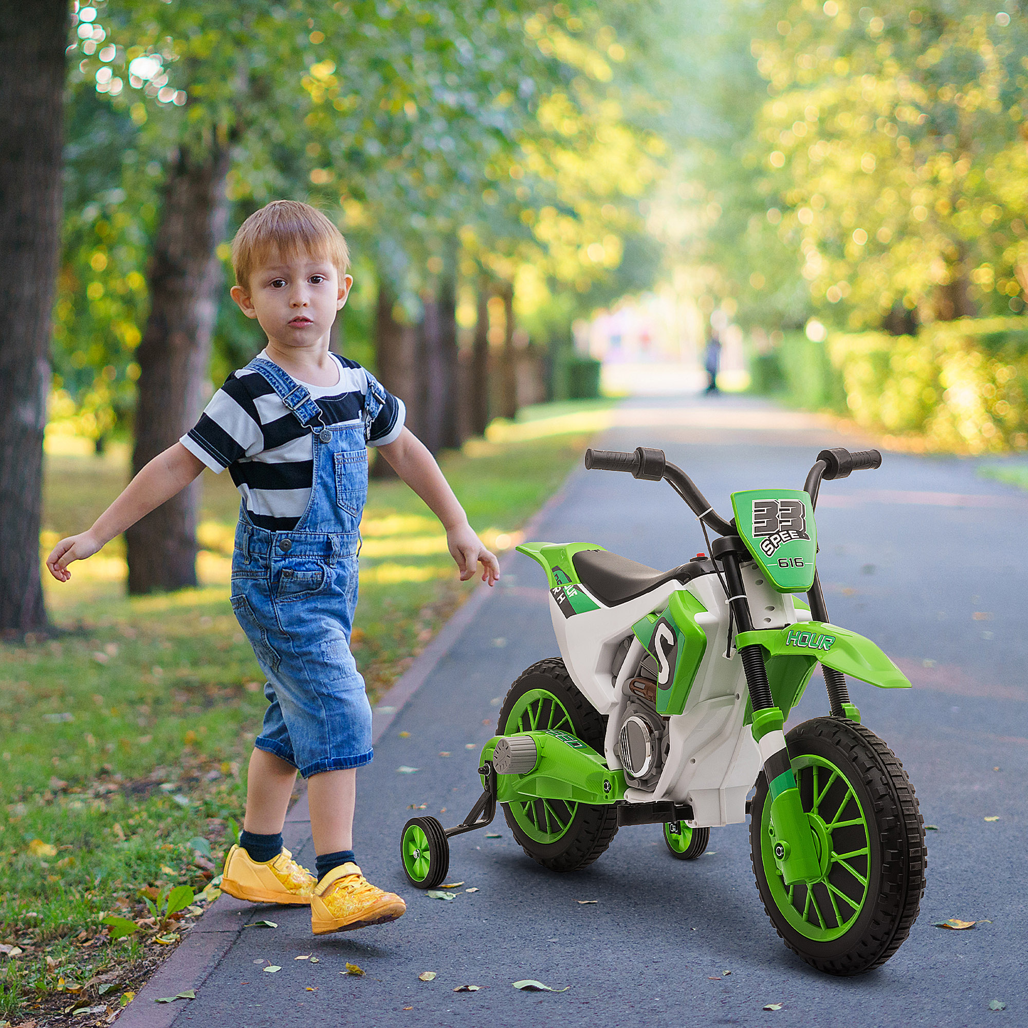 Kindermotorrad, mit Stützrädern, ab 3 Jahre, grün & weiß