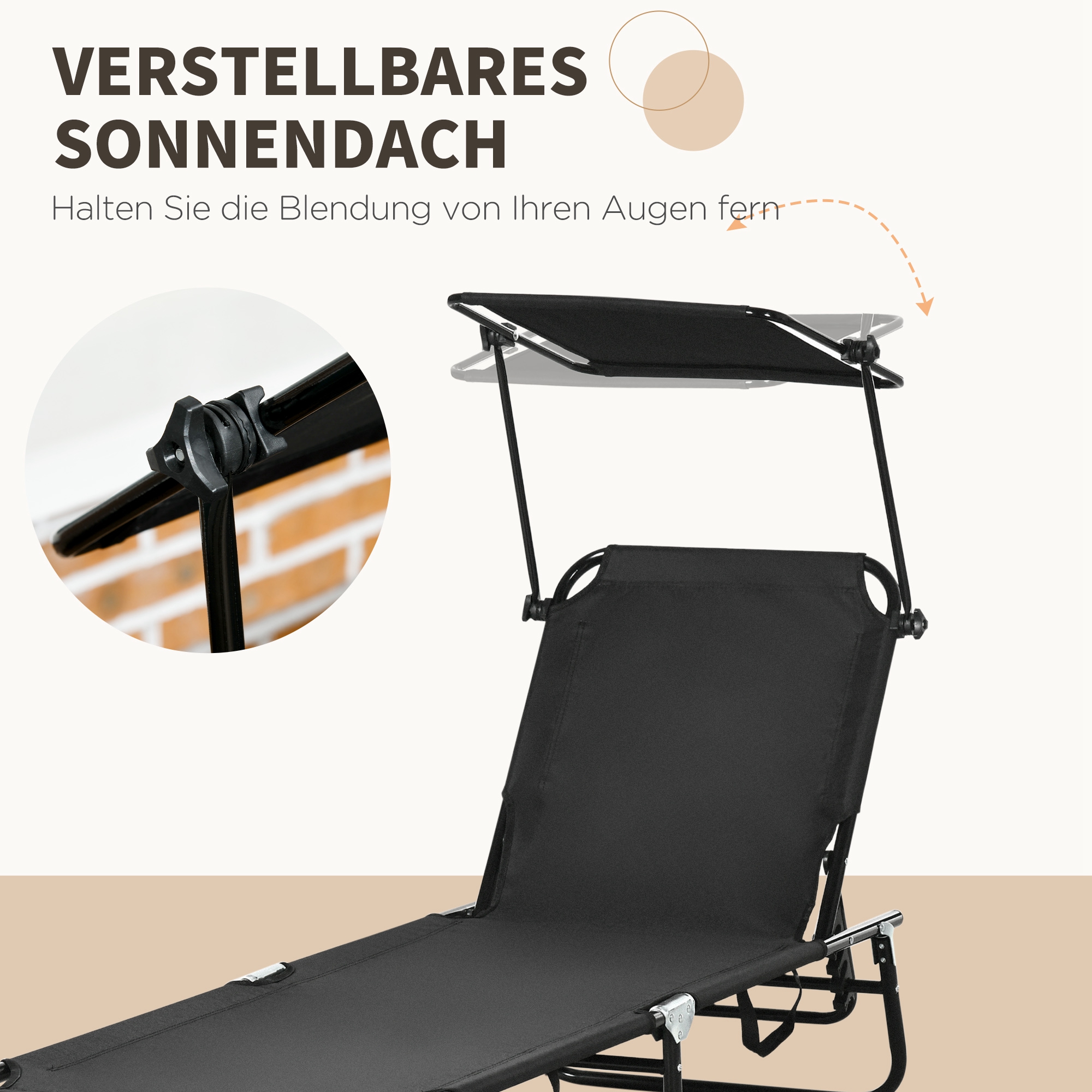2er Set Sonnenliege klappbar Gartenliege mit Sonnendach 5-Fach höhenverstellbarer Rückenlehne Schwarz
