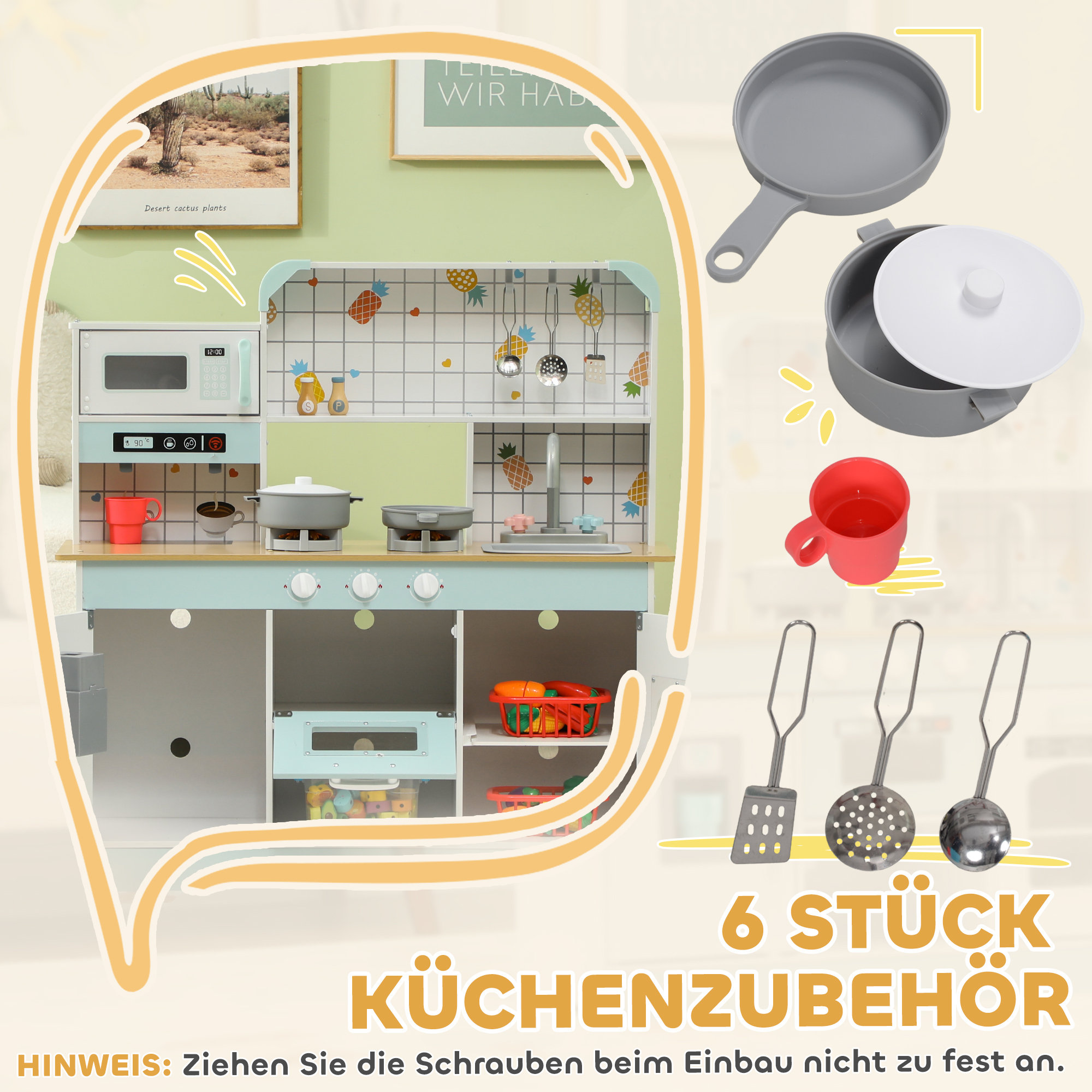 Spielküchen-Set, Kinderküche mit Effekten, Kaffeemaschine, Ofen, viel Stauraum, MDF, Edelstahl, für Kinder ab 3 Jahren