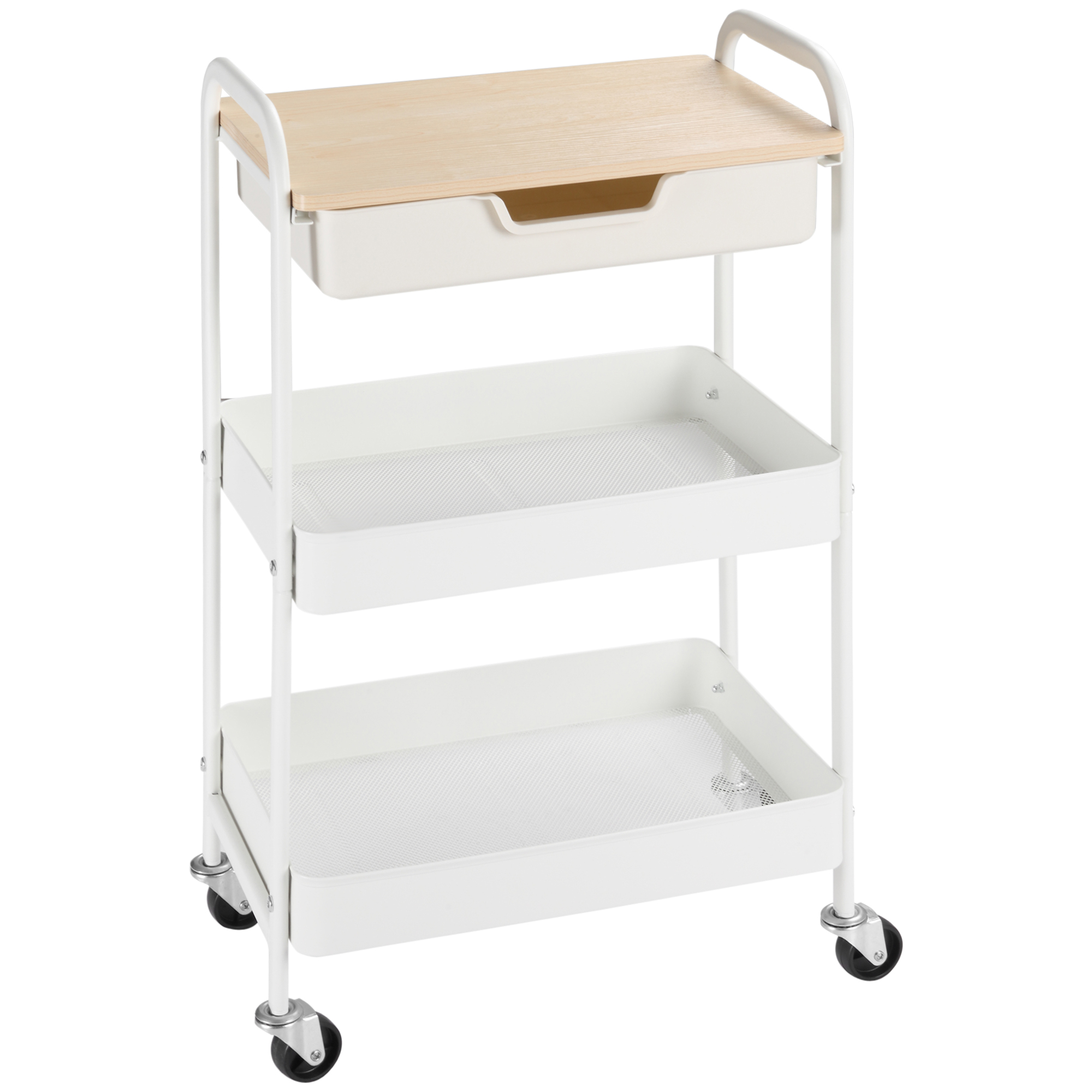Rollbarer Küchenwagen, 2 Regale, Schublade, Ablage, 4 Rollen, Griffe, Stahl, Weiß Rollbarer Küchenwagen, 2 Regale, Schublade, Ablage, 4 Rollen, Griffe, Stahl, Weiß