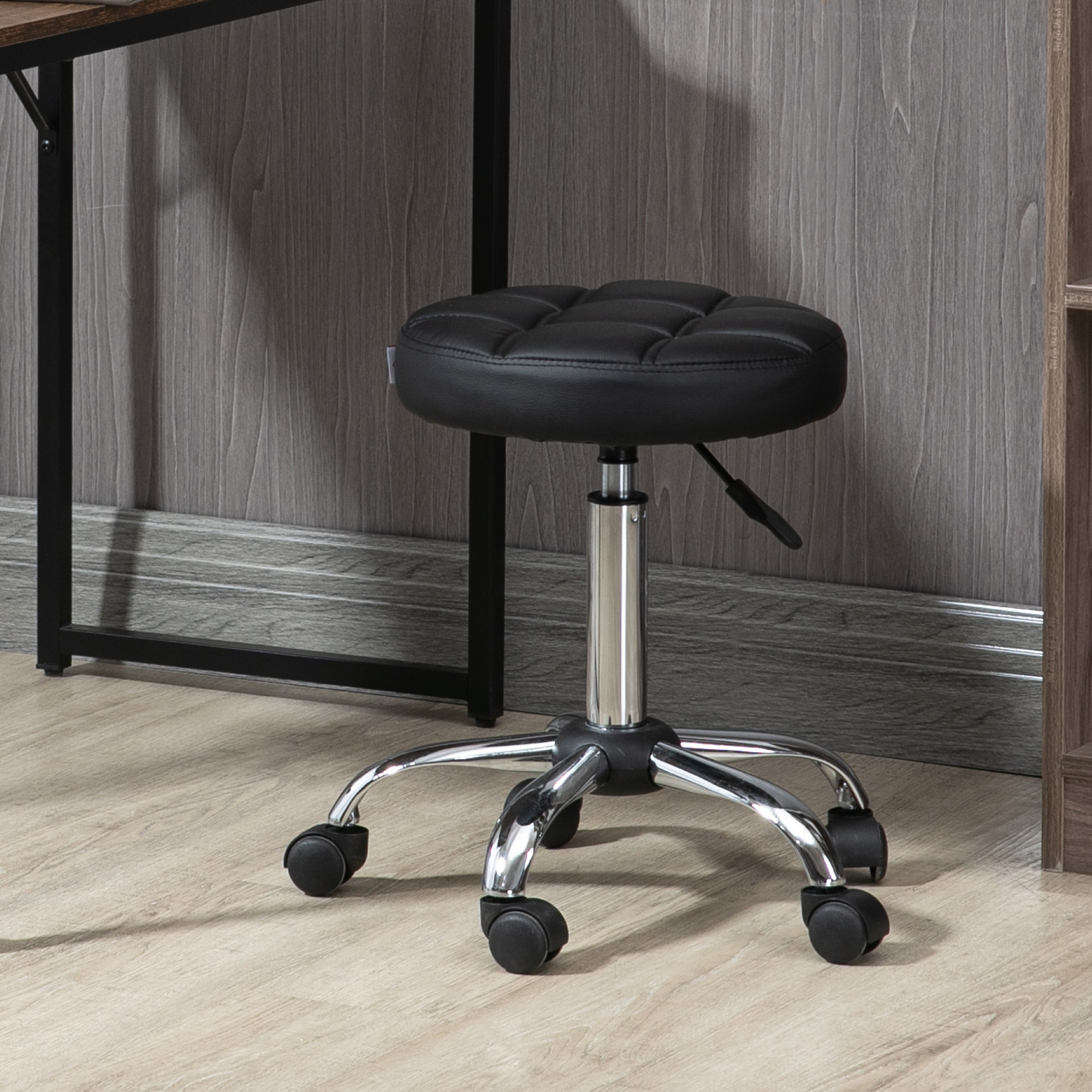Drehhocker, Salonhocker, höhenverstellbar, Kunstleder, Steppdesign, Schwarz/Silber