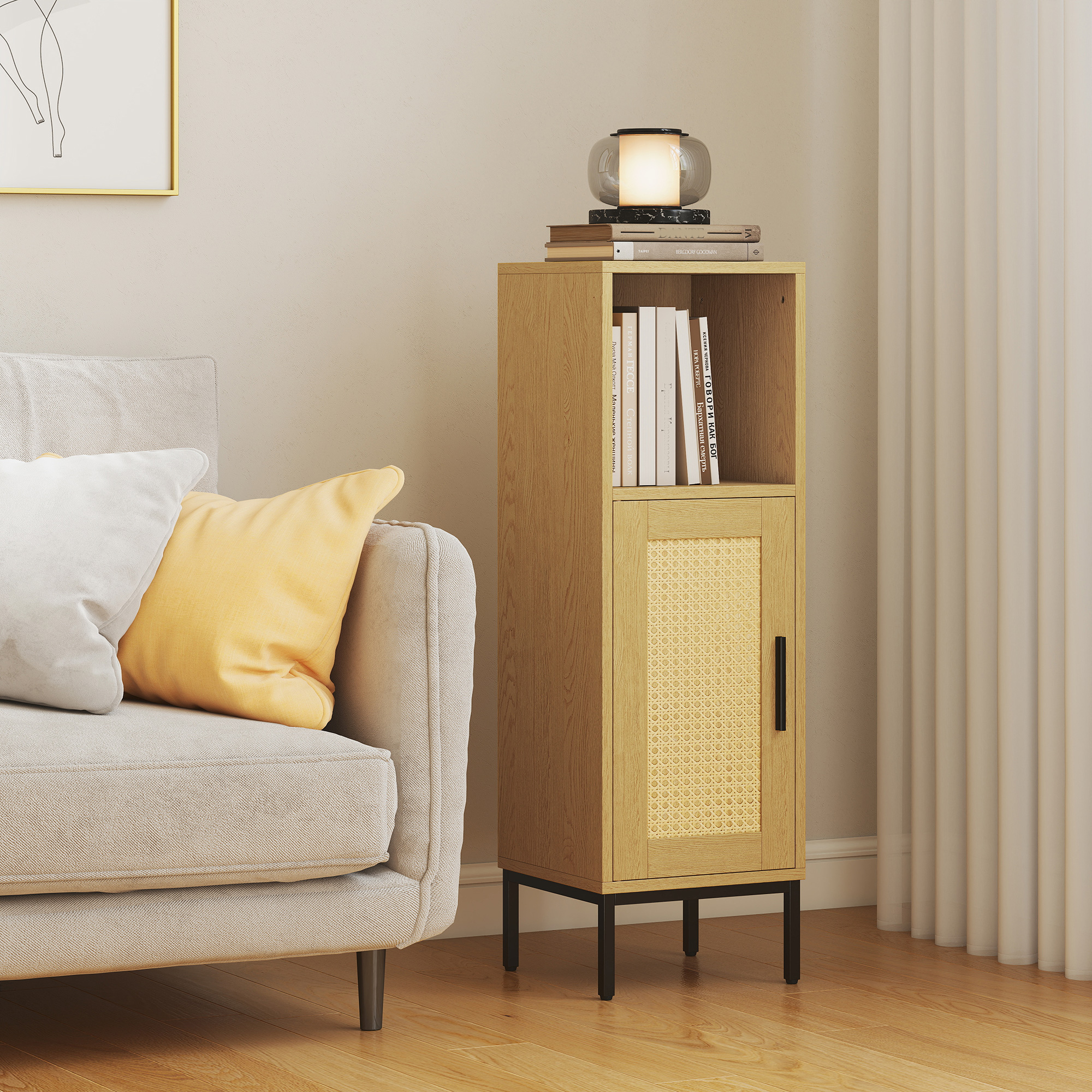 Badezimmerschrank, schmaler Badschrank freistehend mit verstellbarem Einlegeboden, Natur