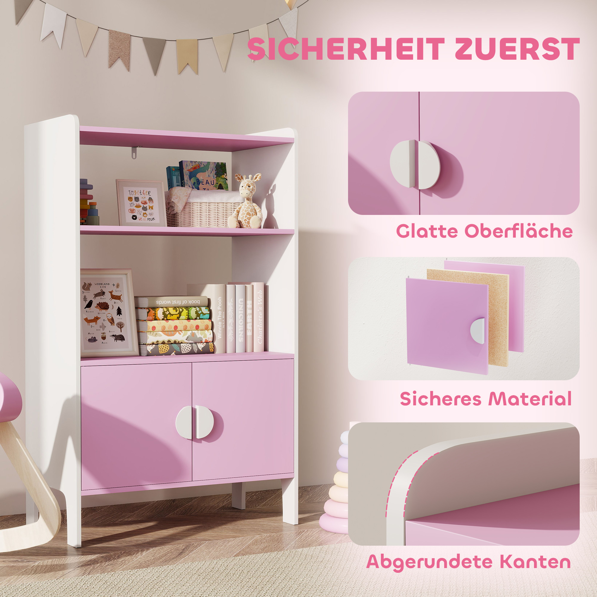 Bücherregal für Kinder, 2 Regale, 2 Schränke, freistehend, Anti-Kipp-Design, rutschfeste Füße, MDF, Rosa+Weiß