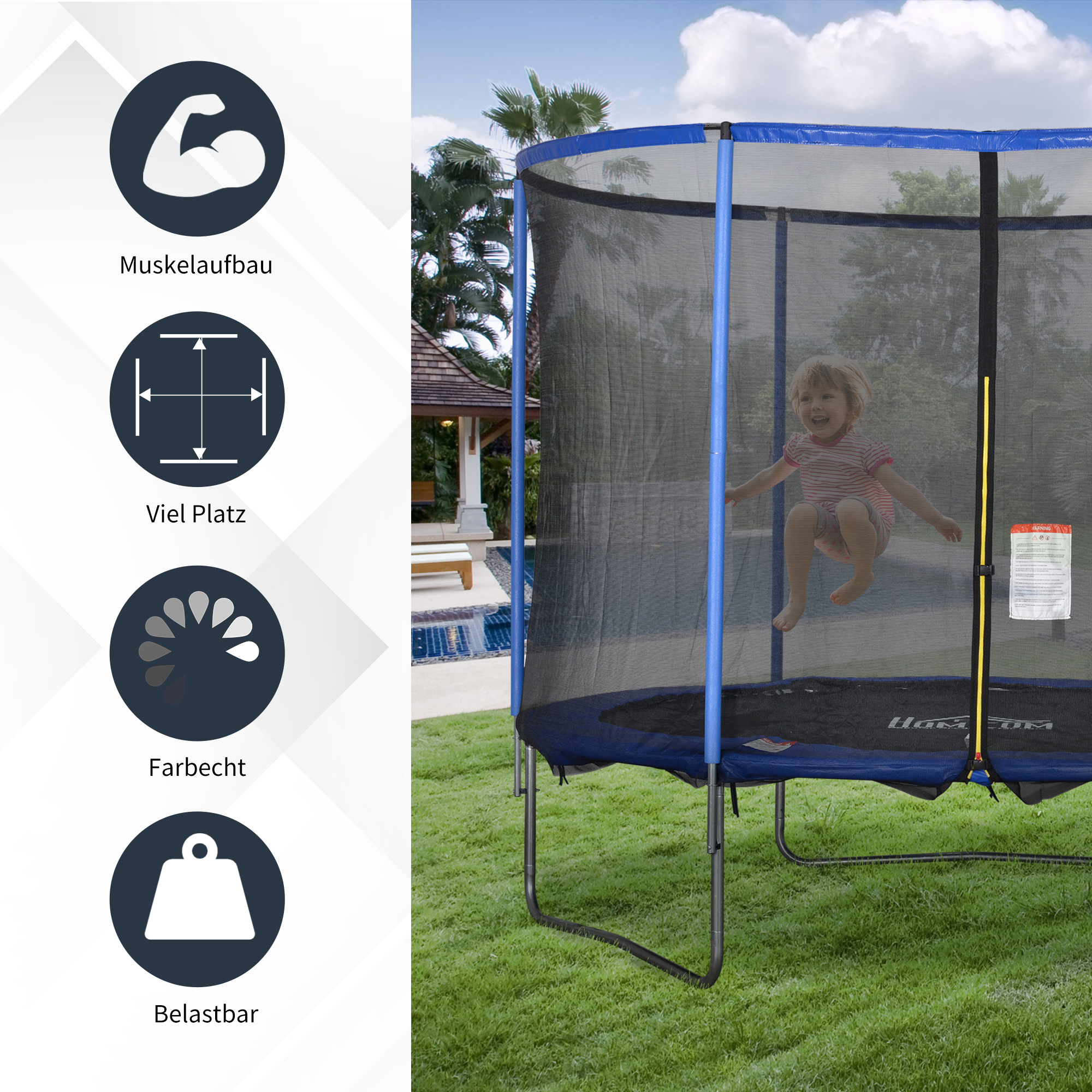Trampolin mit Sicherheitsnetz Gartentrampolin für Innen- und Außenbereich Fitnesstrampolin für Jugendliche und Erwachsene Stahl Blau+Schwarz bis 113,6 kg Ø305 x 248H cm