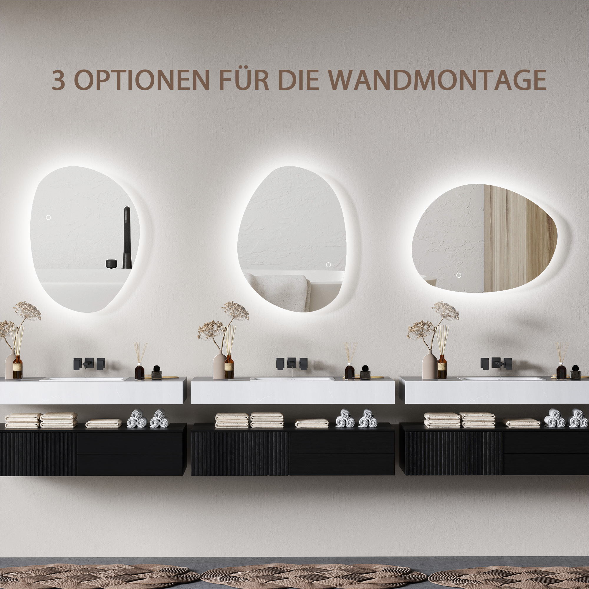 70 x 50 cm Asymmetrischer Badspiegel mit LED-Licht, Smart Touch Schalter, Anti-Beschlag-Funktion, Silber