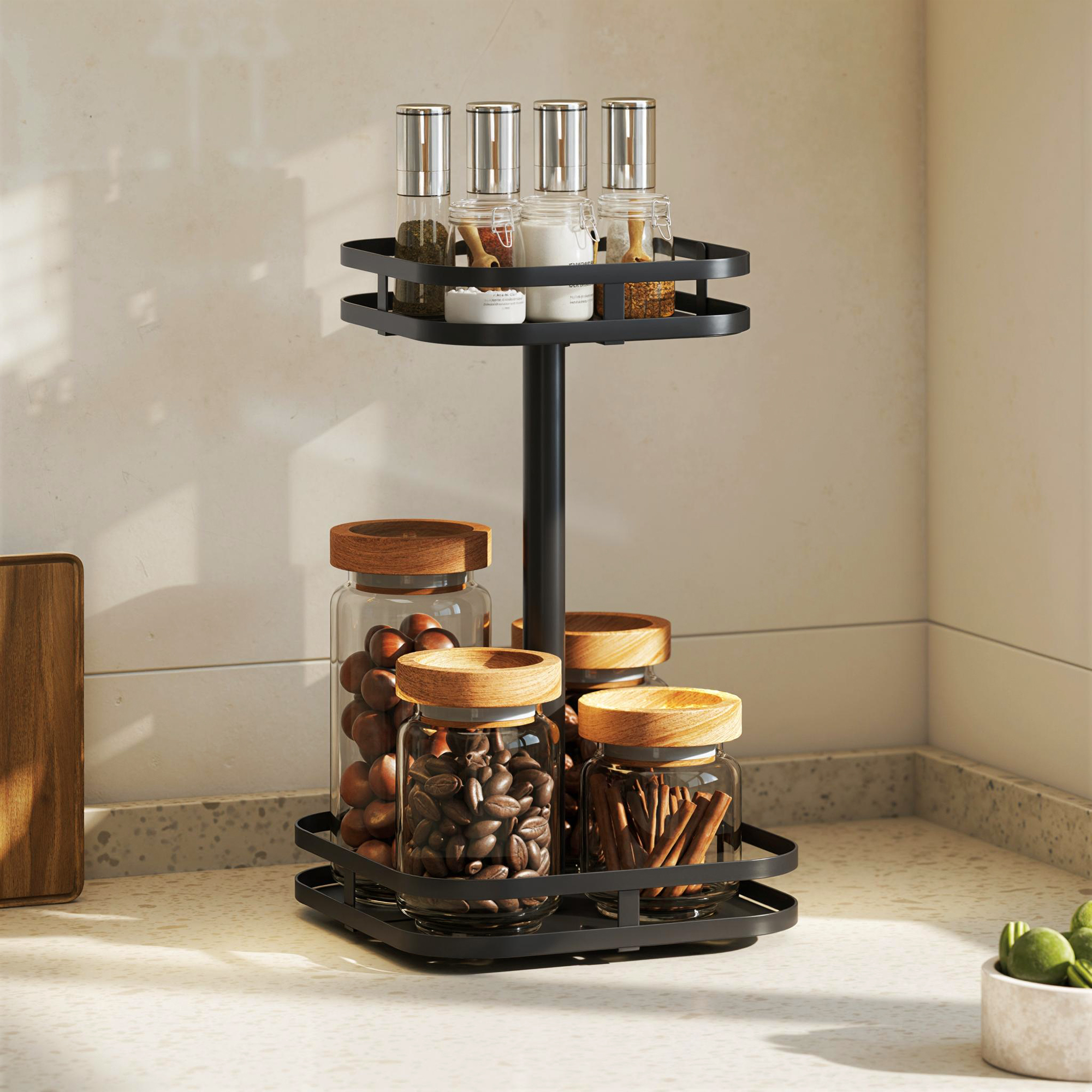 Drehbares Gewürzregal, 2-stufiges Design, Saugfüße, Metall, Schwarz