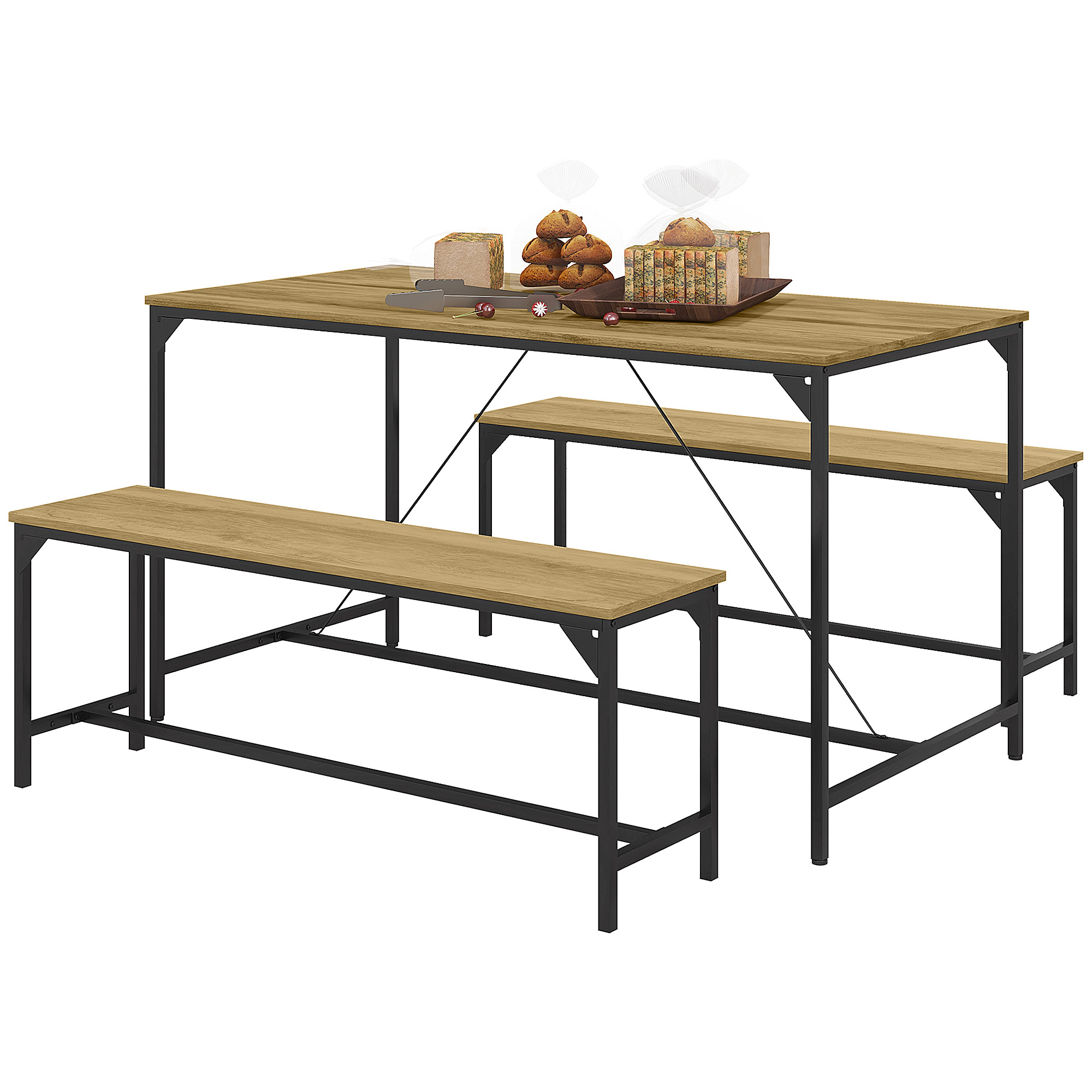 Essgarnitur, Tisch & 2 Bänke, Industrial Design, Stahlrahmen, Holzdekor/Schwarz Essgarnitur, Tisch & 2 Bänke, Industrial Design, Stahlrahmen, Holzdekor/Schwarz