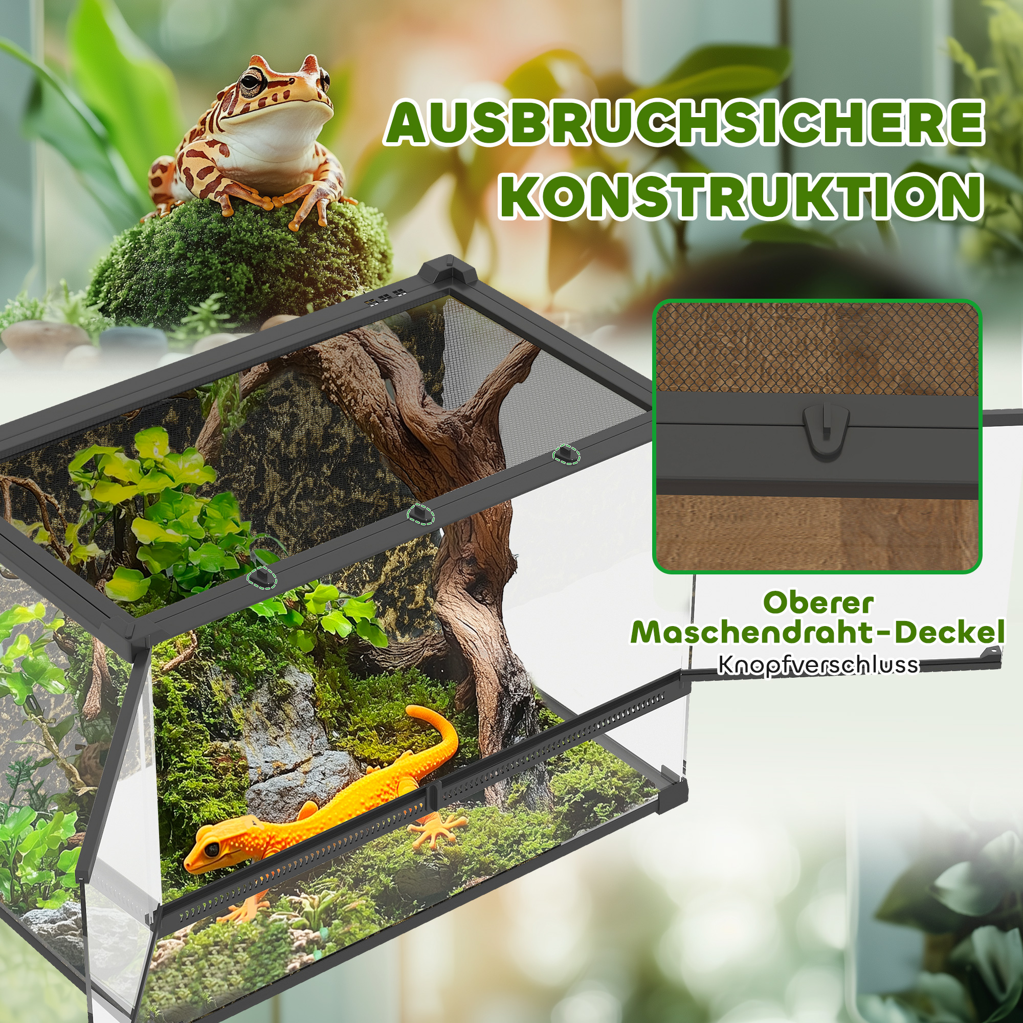 Terrarium für Reptilien Glasterrarium 48L mit Frontbelüftung Steinrückwand Drehverschluss 50 x 30 x 35 cm Schwarz