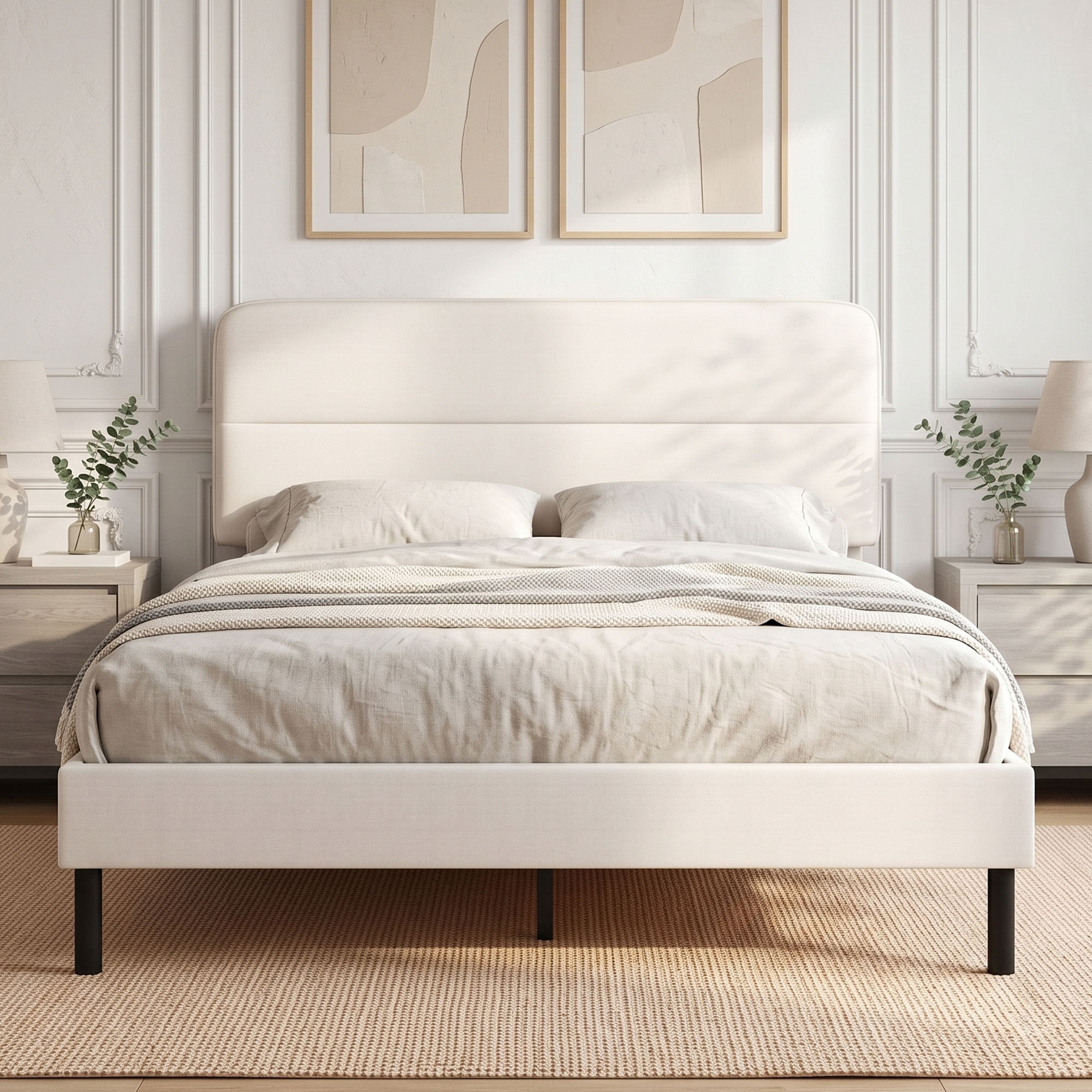 Bettgestell 140 x 200 cm mit verstellbarem Kopfteil, Polsterbett in Leinenoptik mit 12 Sperrholzlatten, Beige