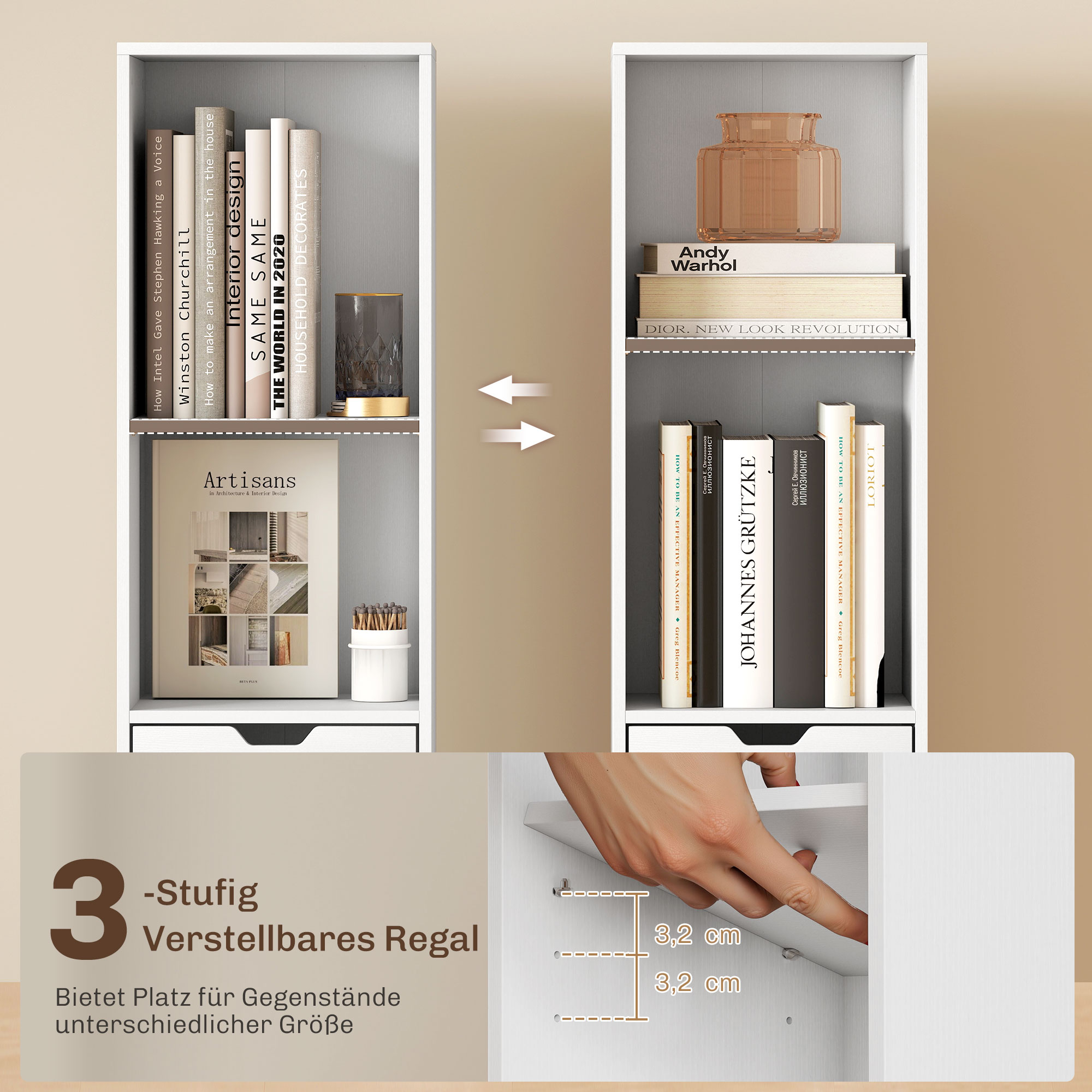 Bücherregal mit 6 Ebenen, 3-stufig verstellbar, mit Schublade, Schranktür, anpassbares Regal, Ausstellungsregal, Weiß