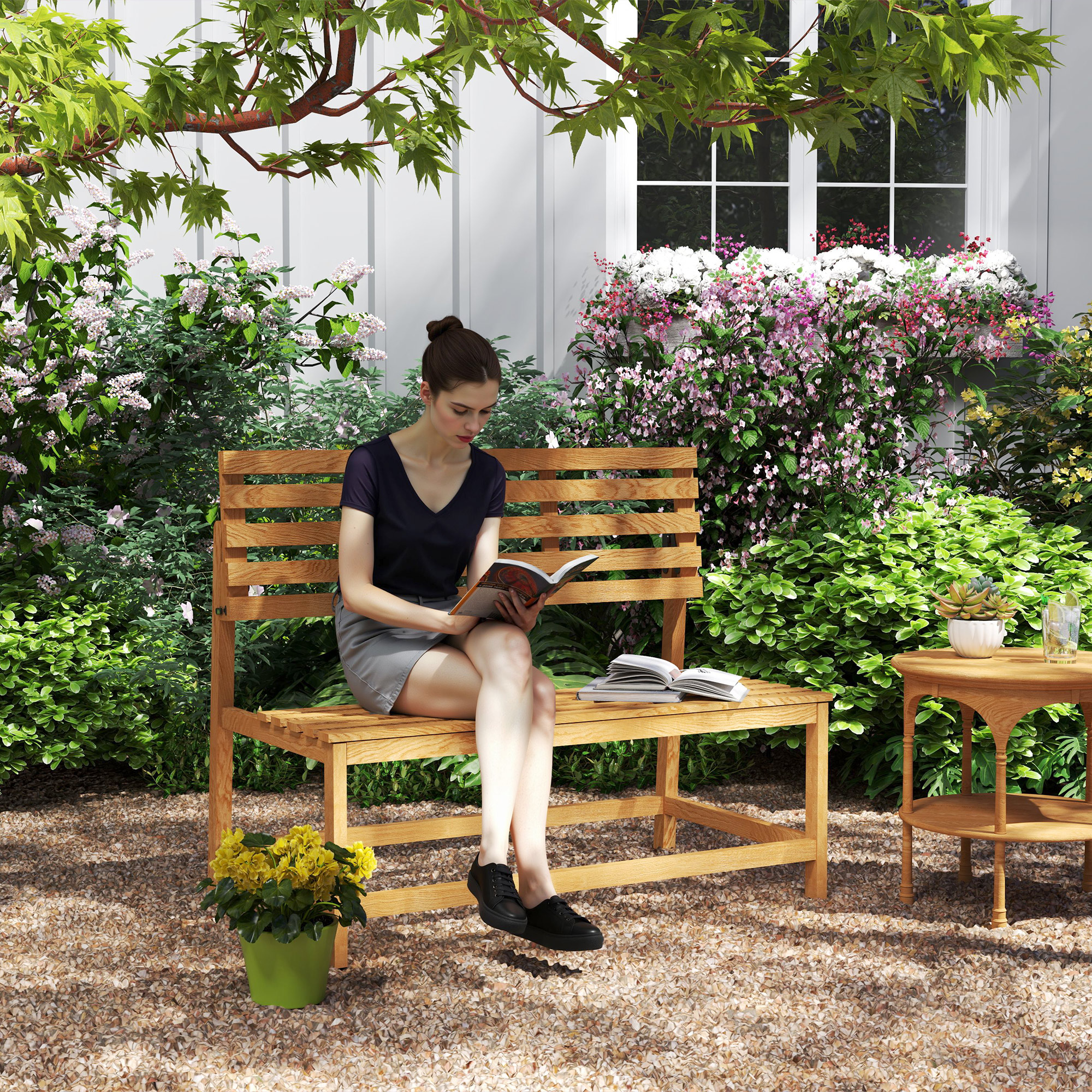 2-Sitzer Gartenbank Holz, wetterfest Sitzbank, UV-Beständig Gartenmöbel mit Umwandelbare Rückenlehnen 110x61x89cm, Teak