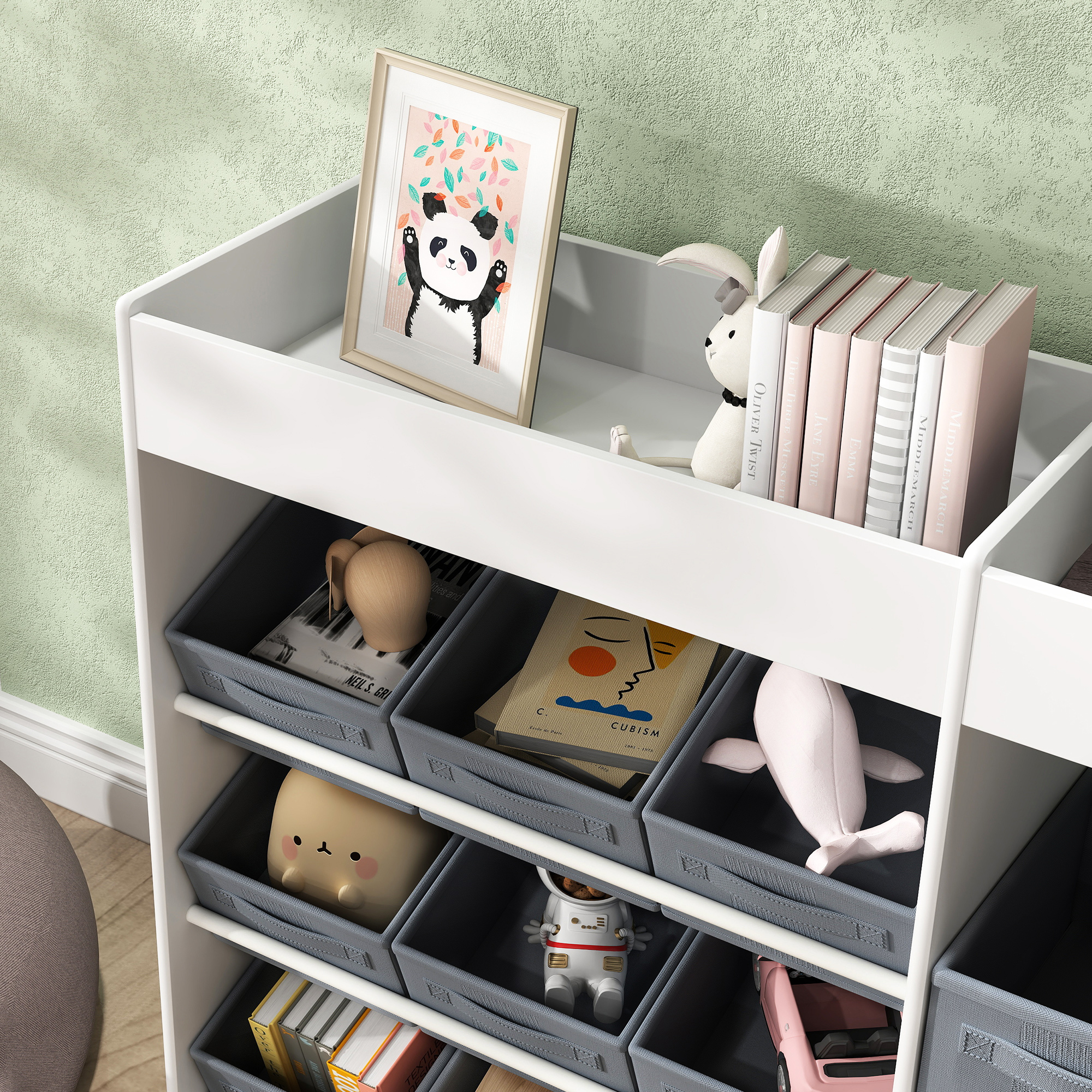 Kinder-Aufbewahrungsregal, Spielzeugschrank für Kinder mit 11 Stoffboxen, oberen Fächern, 3 Stickern, Weiß