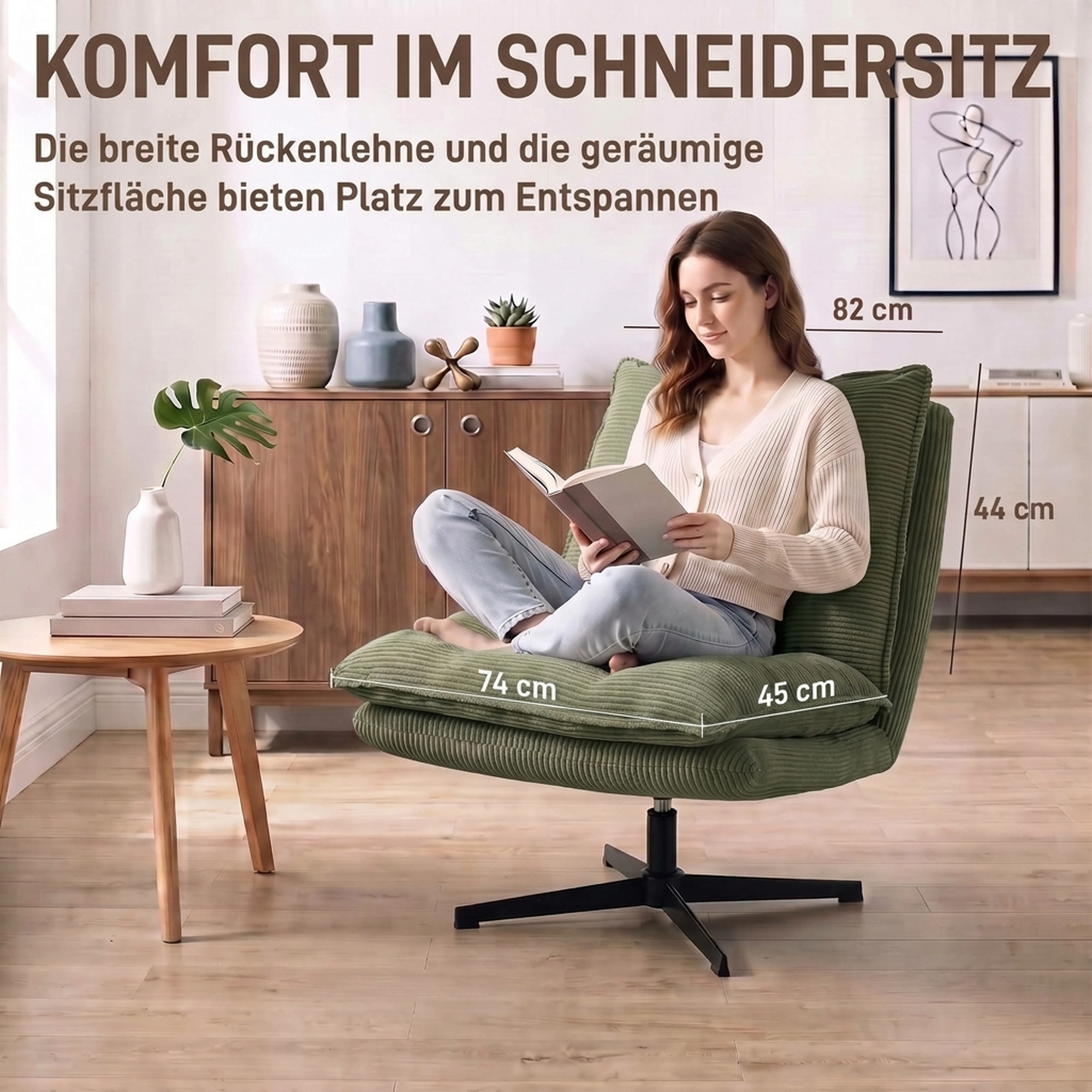 Loungesessel mit Hocker, 360° drehbar, Cordbezug, höhenverstellbare Fußstütze, Grün