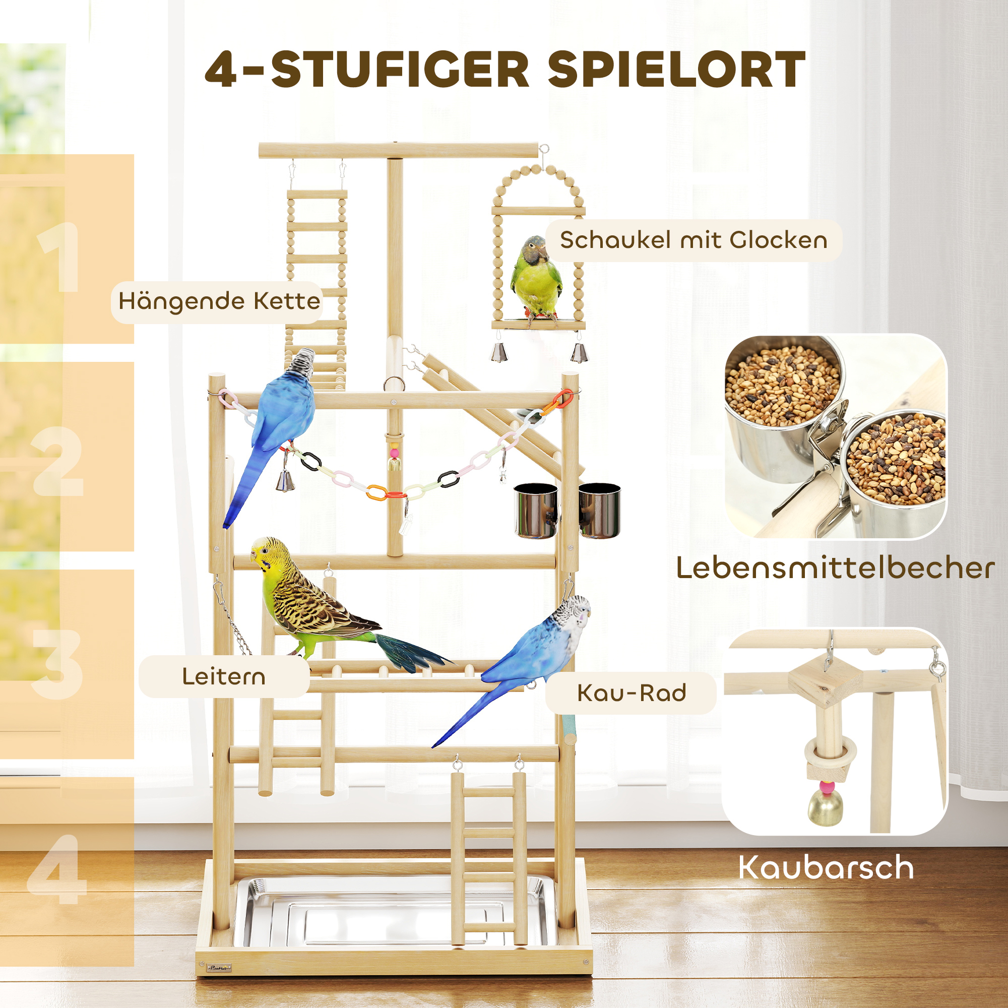 Vogelständer, Vogelstangen-Set, 4 Ebenen, Edelstahltablett, Spielzeug, Naturholz