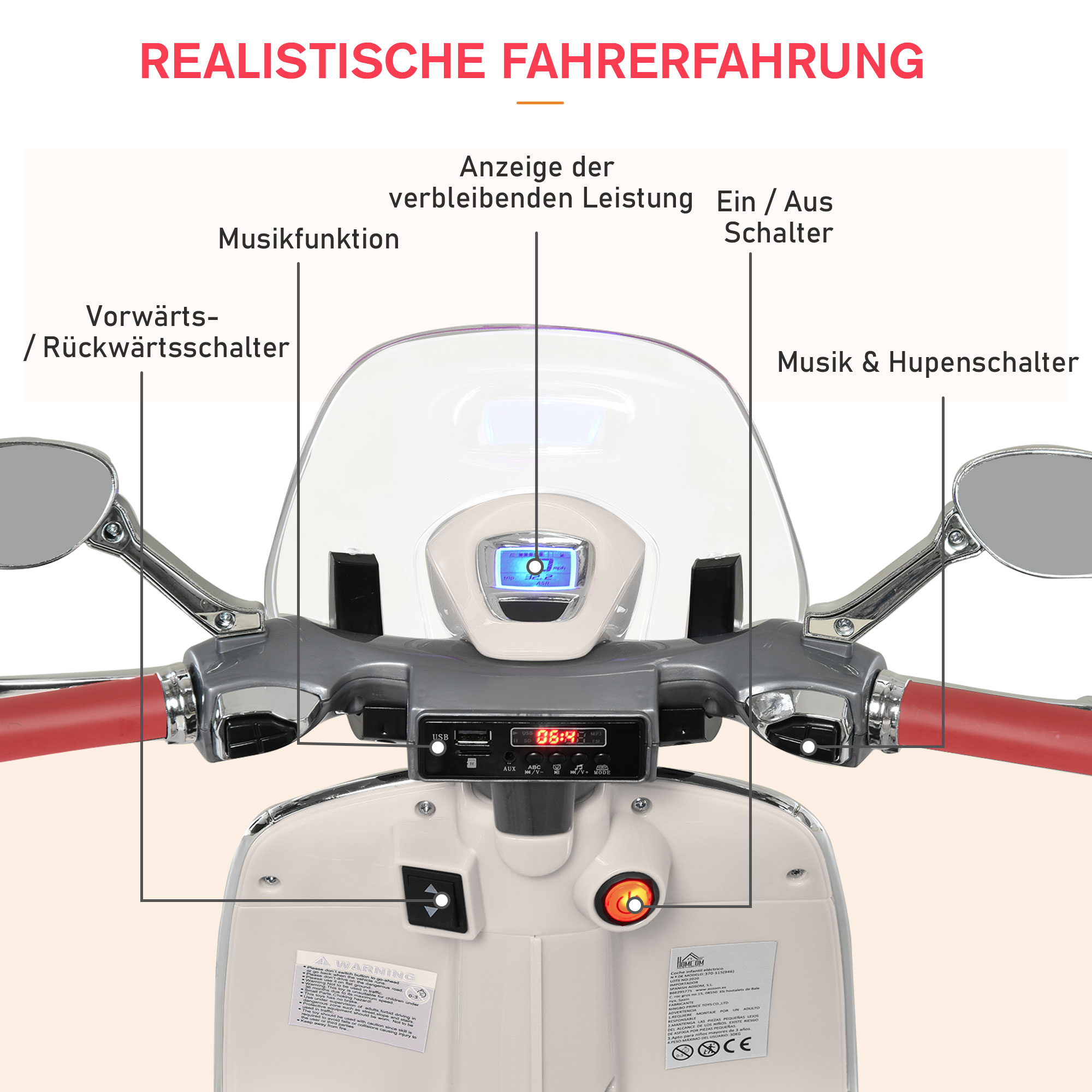 Kinder Elektro-Motorrad, 6V Kindermotorrad mit Scheinwerfer, Musik, Vor- und Rückwärtsgang, Trainingsräder, 30 kg belastbar, Elektromotorrad für 3-6 Jahre Kinder, Weiß