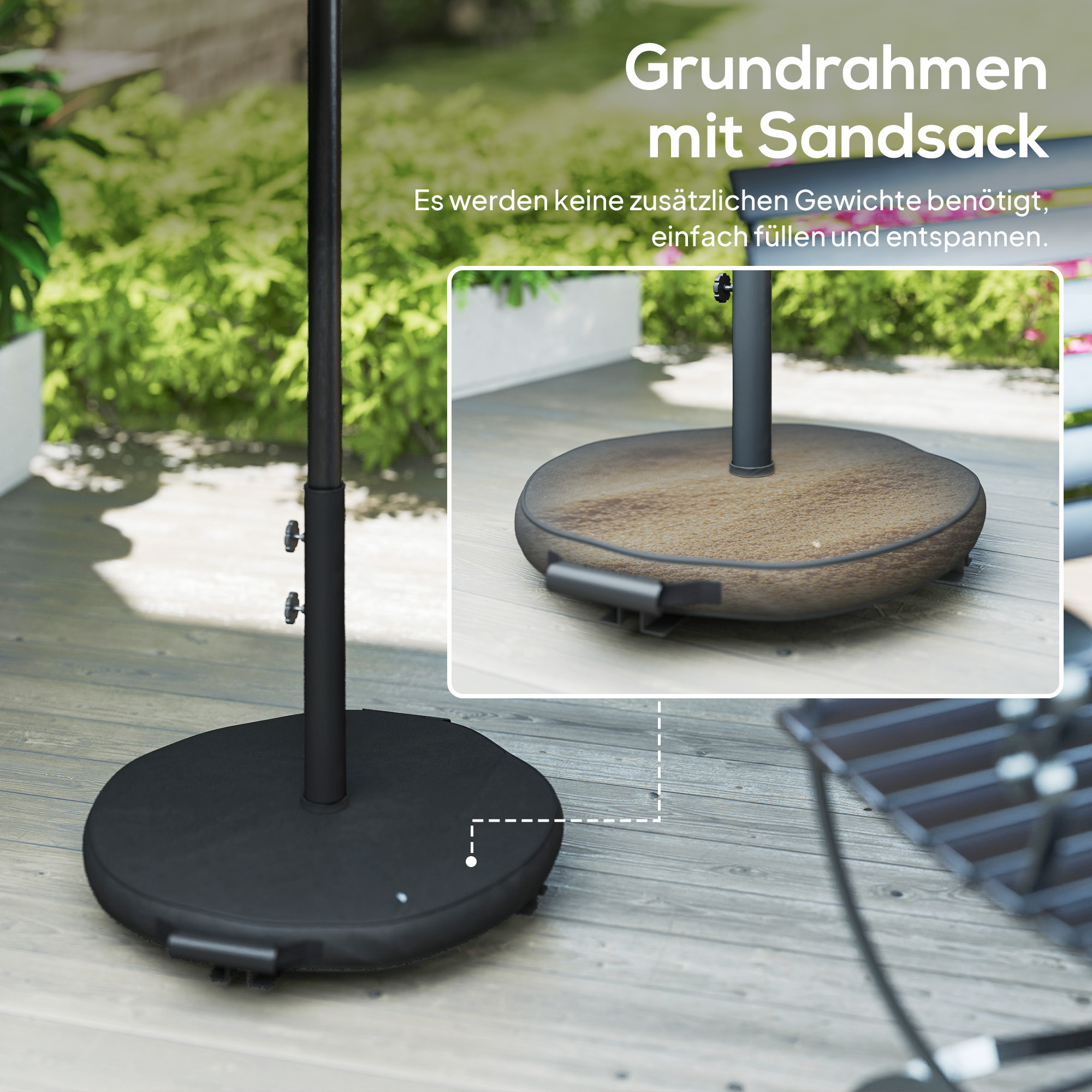 Sonnenschirm ca. Ø300 cm neigbar Balkonschirm mit Kurbel Kreuzfuß Sandsack, UV 30+ Einziehbar Dunkelgrau