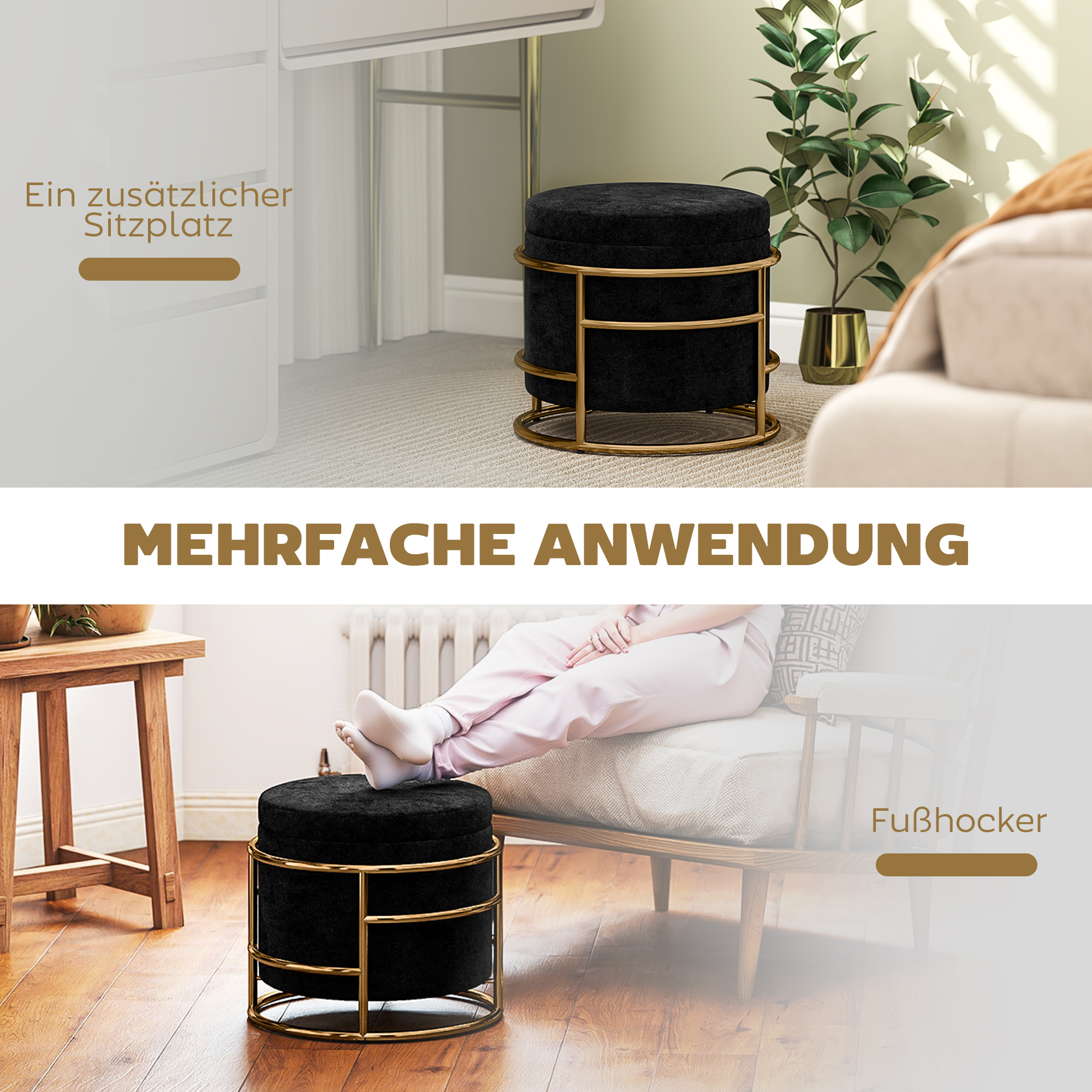 Sitzhocker mit Stauraum, gepolsterter Fußhocker, Metallrahmen, vergoldet, Schwarz