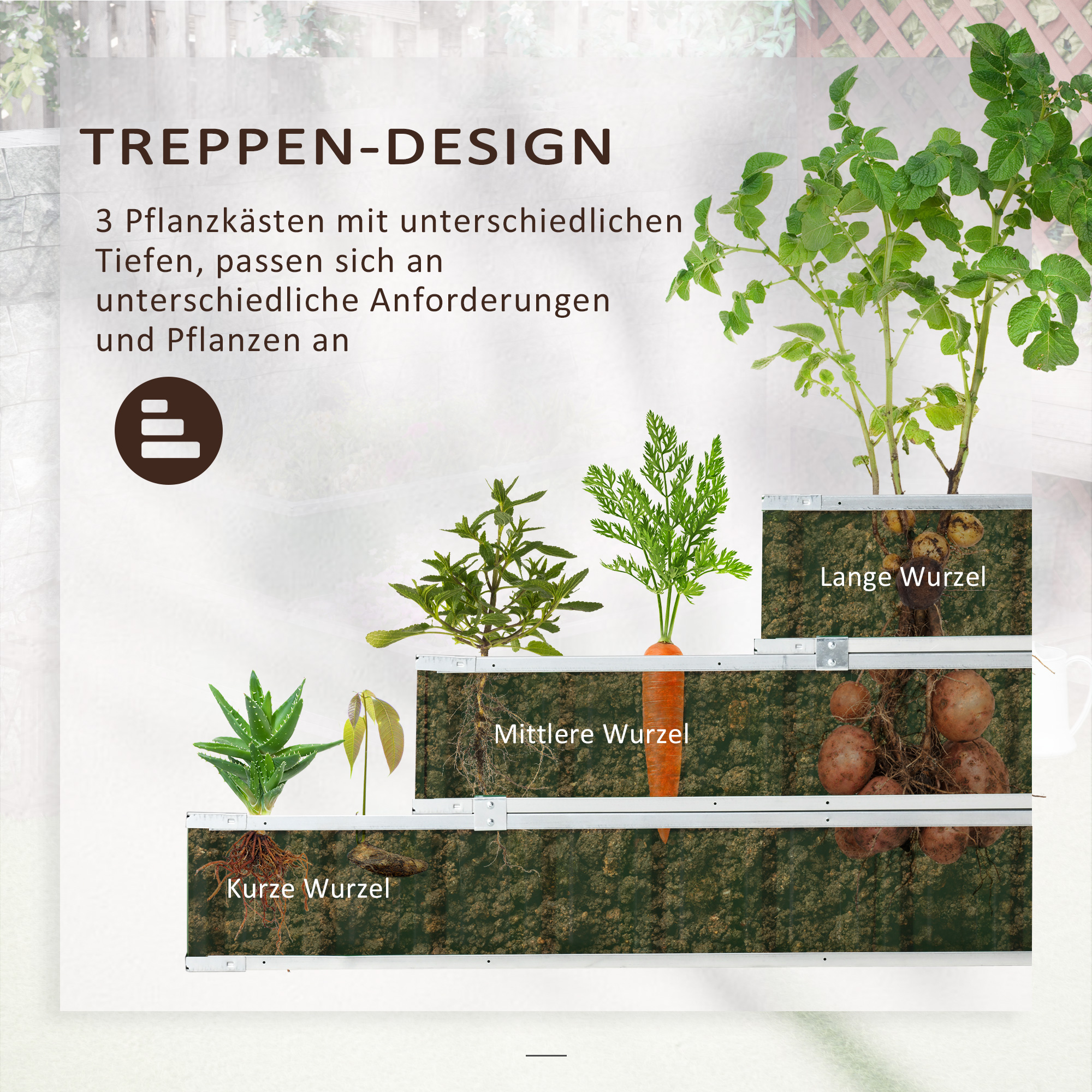 Hochbeet aus Stahl 3-stufige Gartenbeet mit T-Form-Pflanzenschilder Handschuhe Pflanzenbeet Kräuterbeet Blumentreppe für Balkon Garten Dunkelgrau 118 x 118 x 62 cm