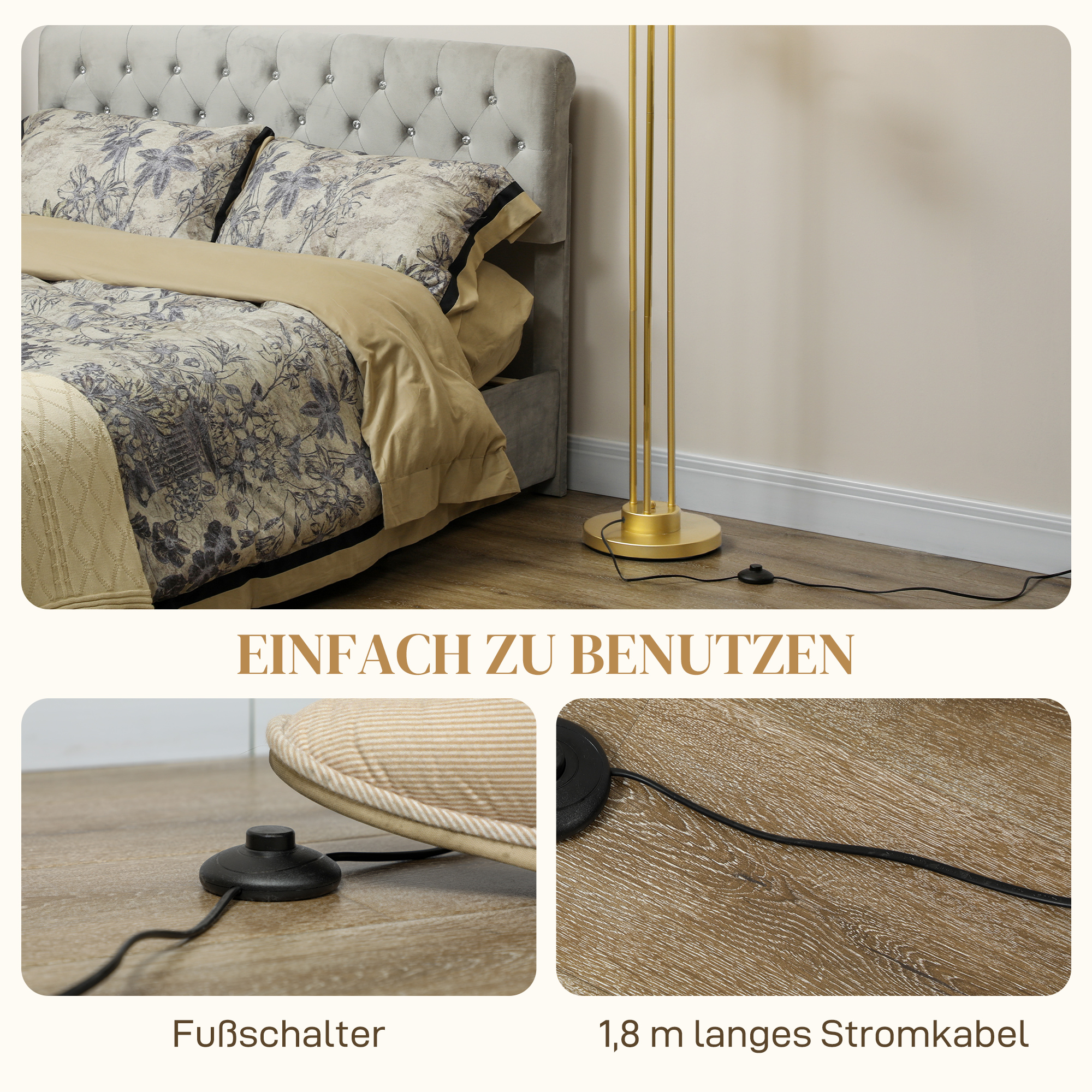 Moderne Stehlampe mit 3 Lampenschirmen, mit Fußschalter, für Wohnzimmer, Schlafzimmer, 3 x E27-Fassung, Goldton