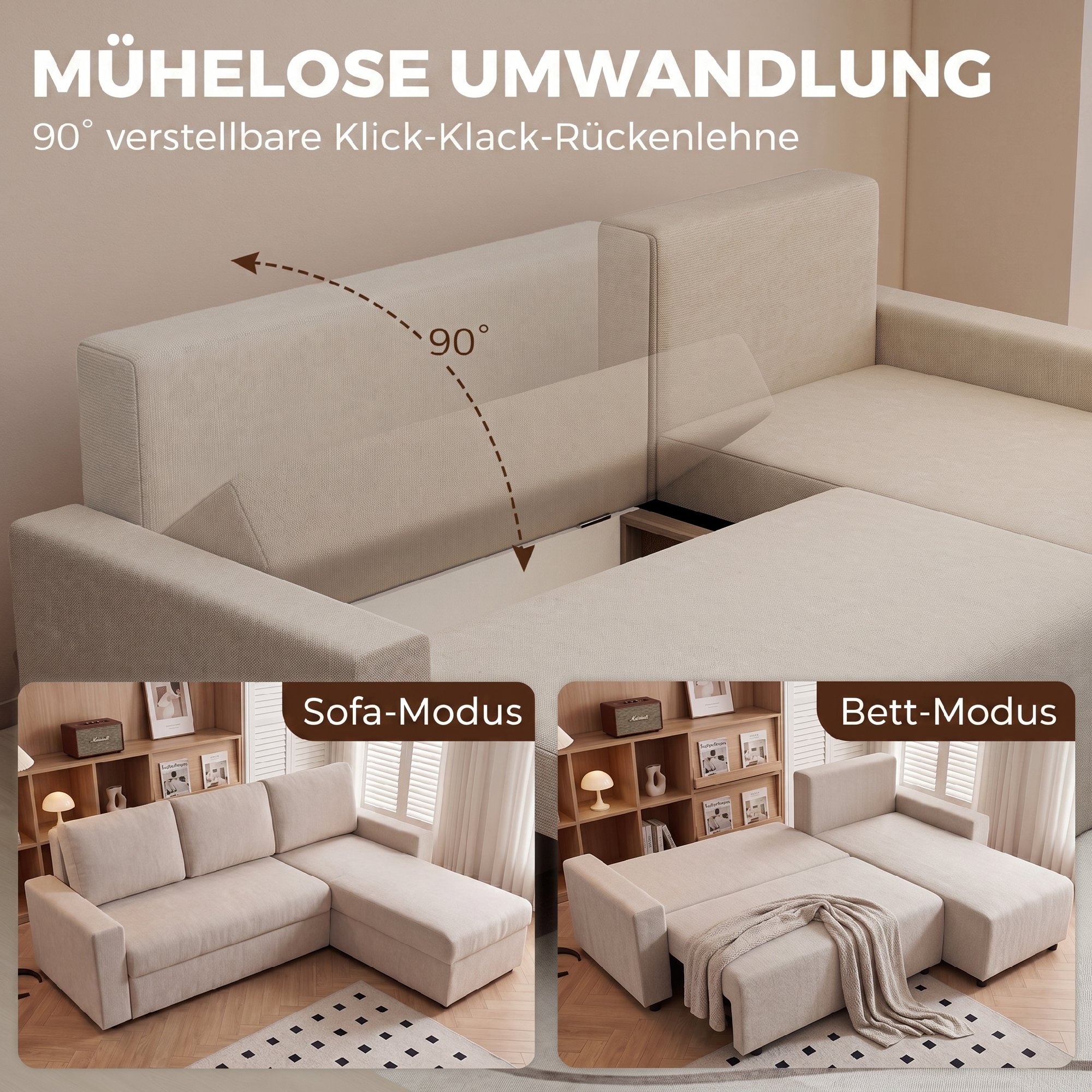 Ecksofa mit Schlaffunktion und umkehrbarer Chaiselongue, L-förmiges 3-Sitzer Sofa aus Veloursbezug, Beige