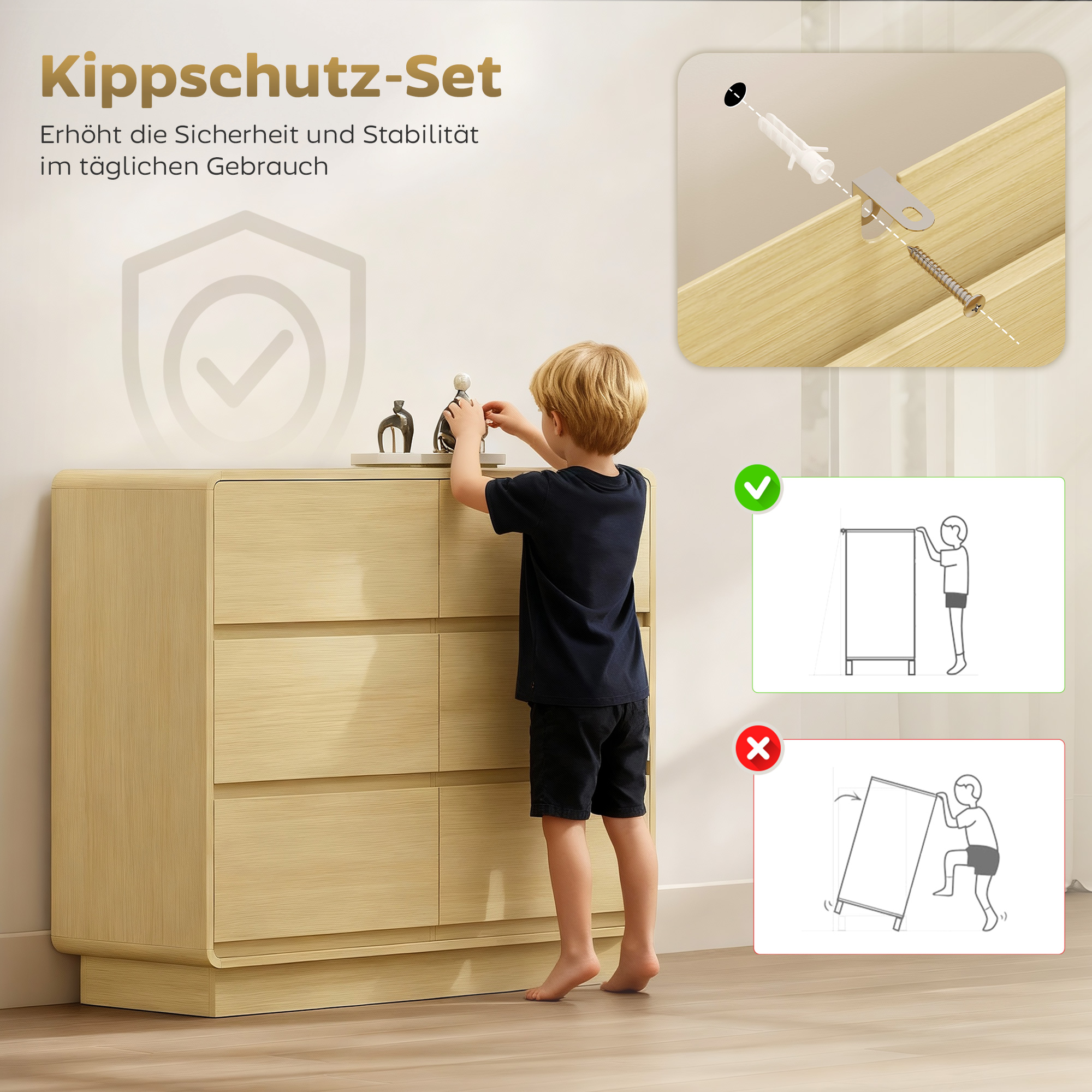 100 cm Sideboard, Buffetschrank mit 6 Schubladen, Kommode für Küche, Wohnzimmer, Esszimmer, Naturholz