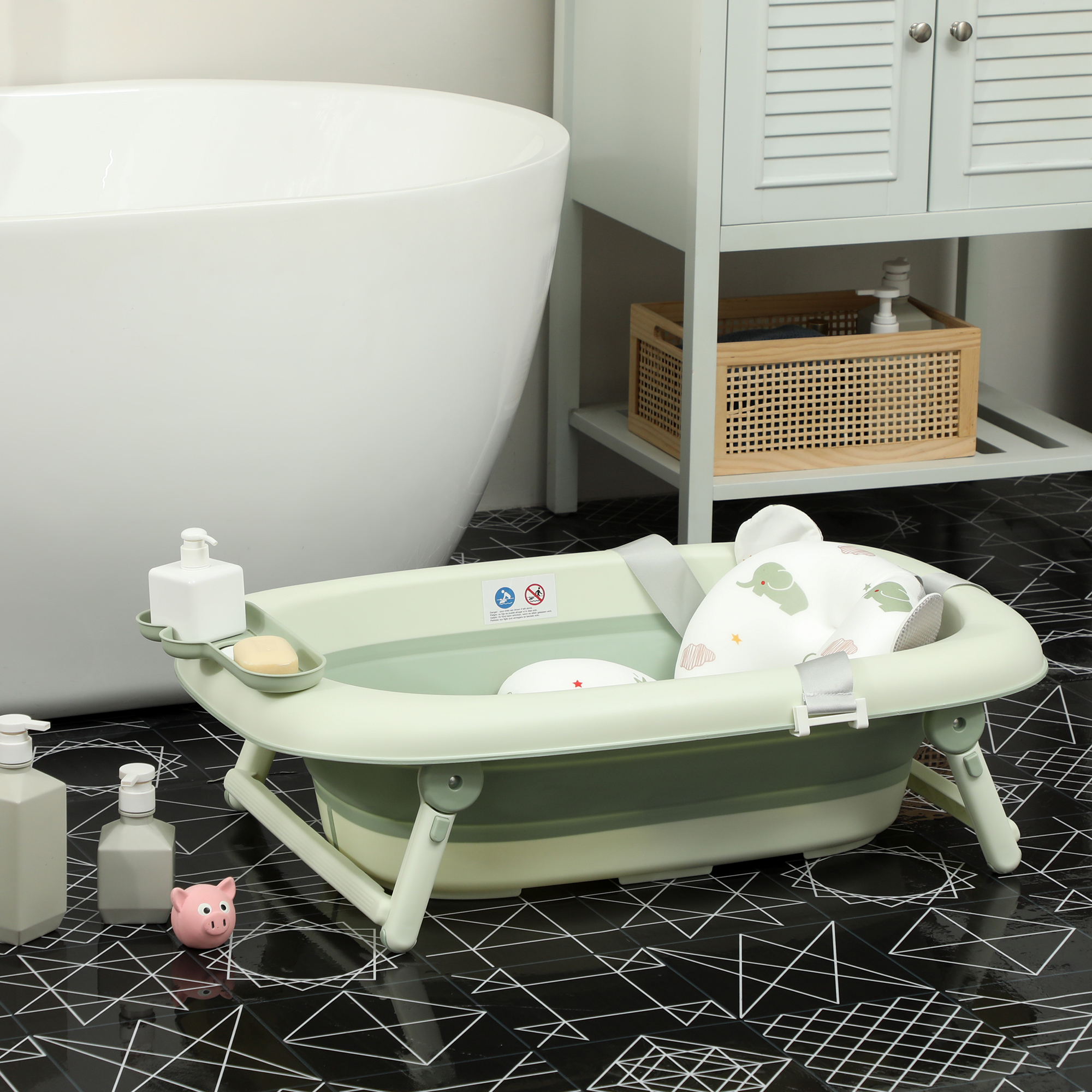 Babybadewanne, faltbar, rutschfester Boden, Elefanten-Badekissen, 86 x 53 x 25,5 cm, Grün