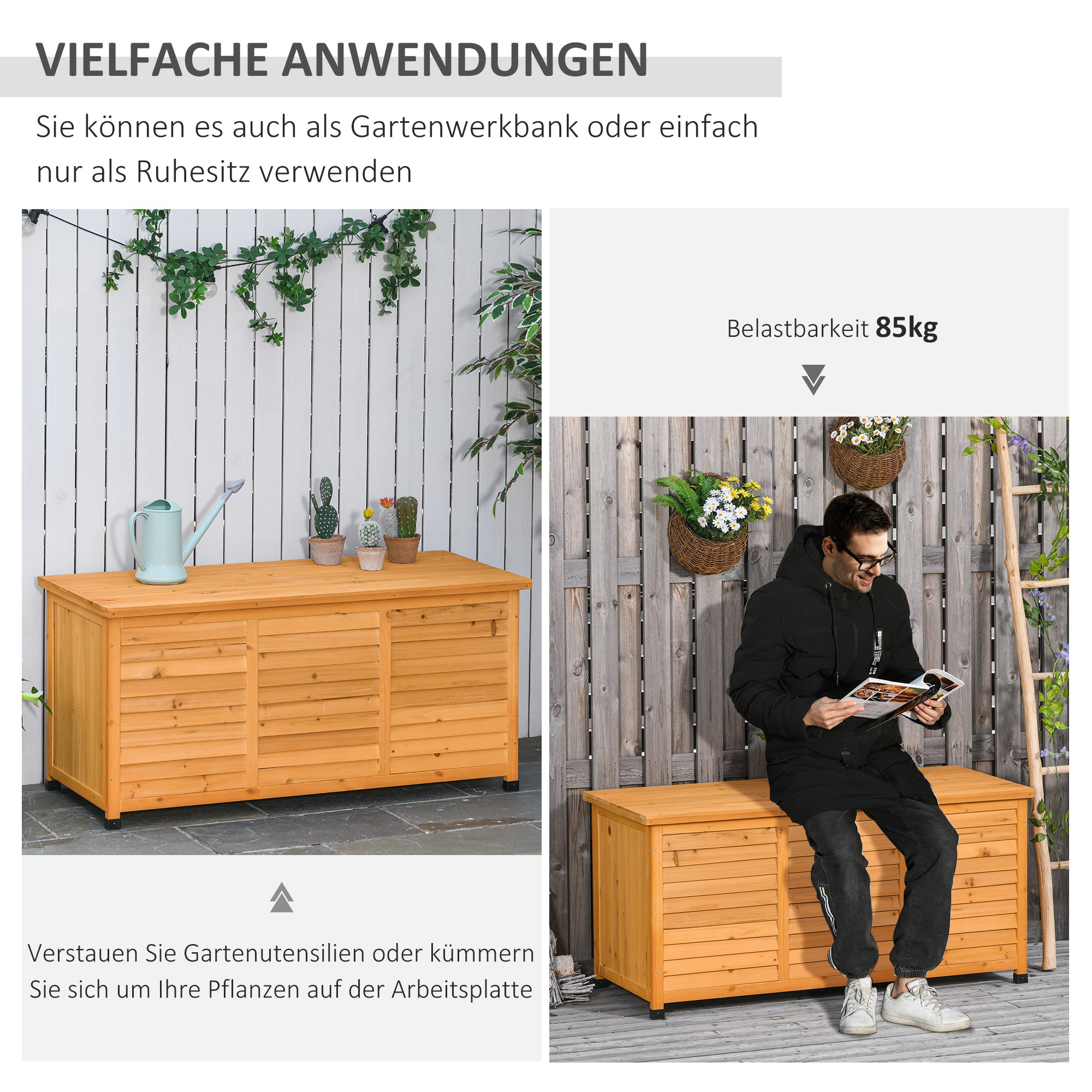 Gartenbox, Kissenbox, Aufbewahrungsbox, Aufbewahrungsbox, Gartentruhe, wetterbeständig, Massivholz, 127 x 56 x 60 cm Gelb