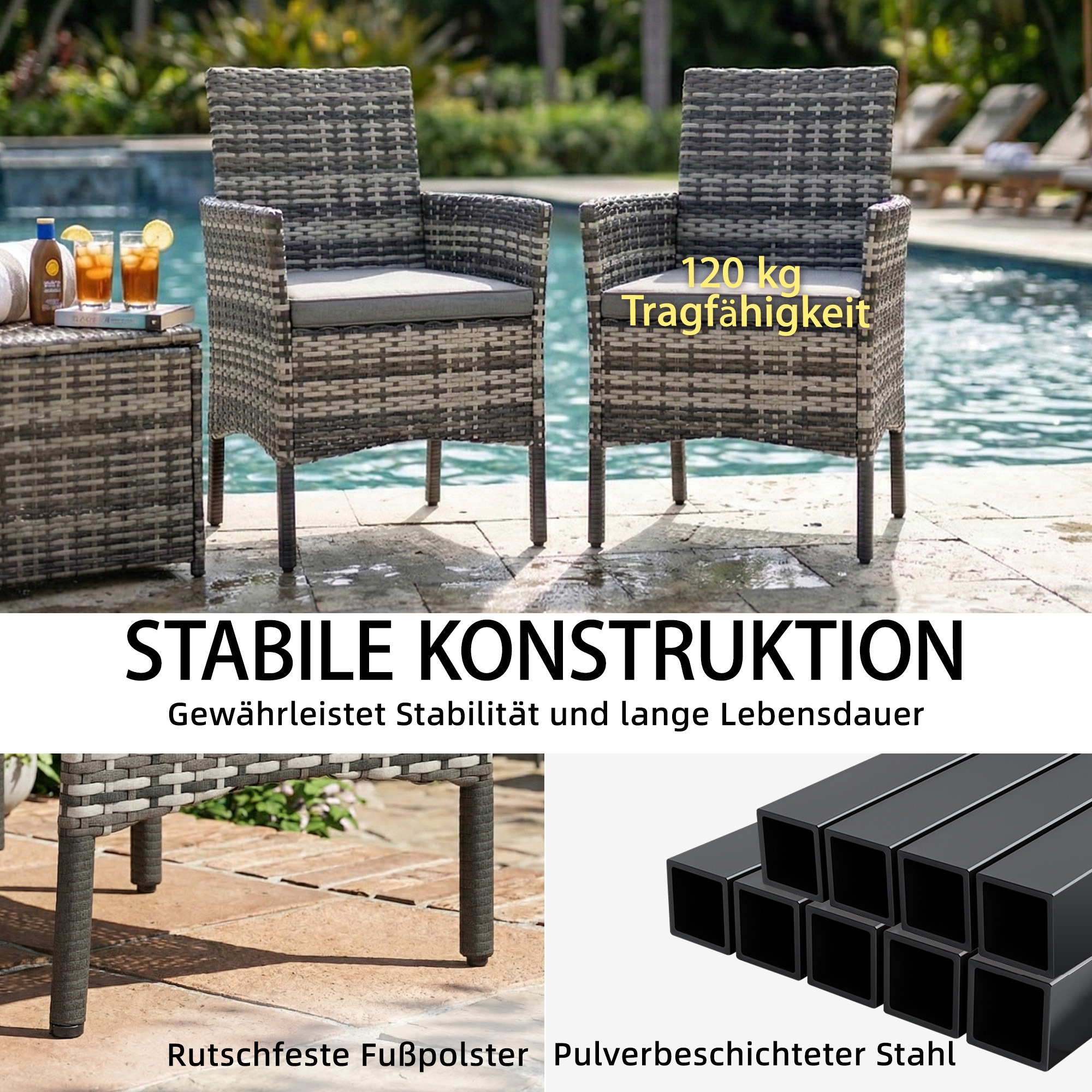 2er Set Gartenstuhl Polyrattan Gartenmöbel mit 2 Sessel Abnehmbaren Kissen Stahlrahmen Grau