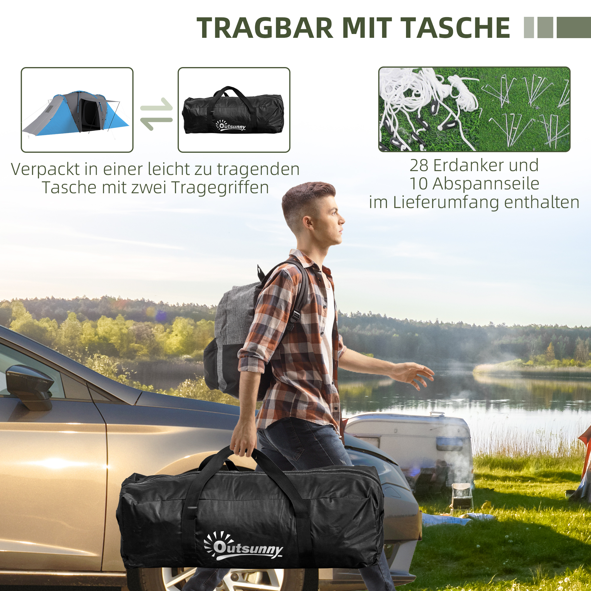 Tunnelzelt, 2000mm Wasserabweisend Campingzelt für 4-6 Personen, mit 2 Schlafzimmern Wohnbereich Tragetasche Grau+Blau