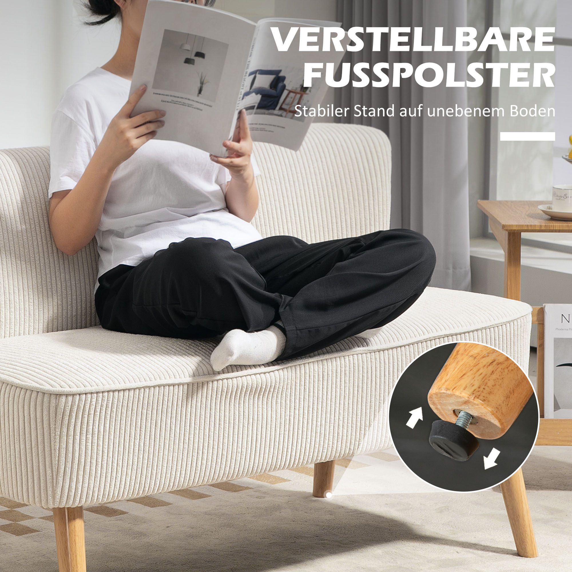 2-Sitzer Sofa, weiche Polsterung, pflegeleichter Bezug, bis 150 kg belastbar, 117 x 56,5 x 77 cm, Cremeweiß