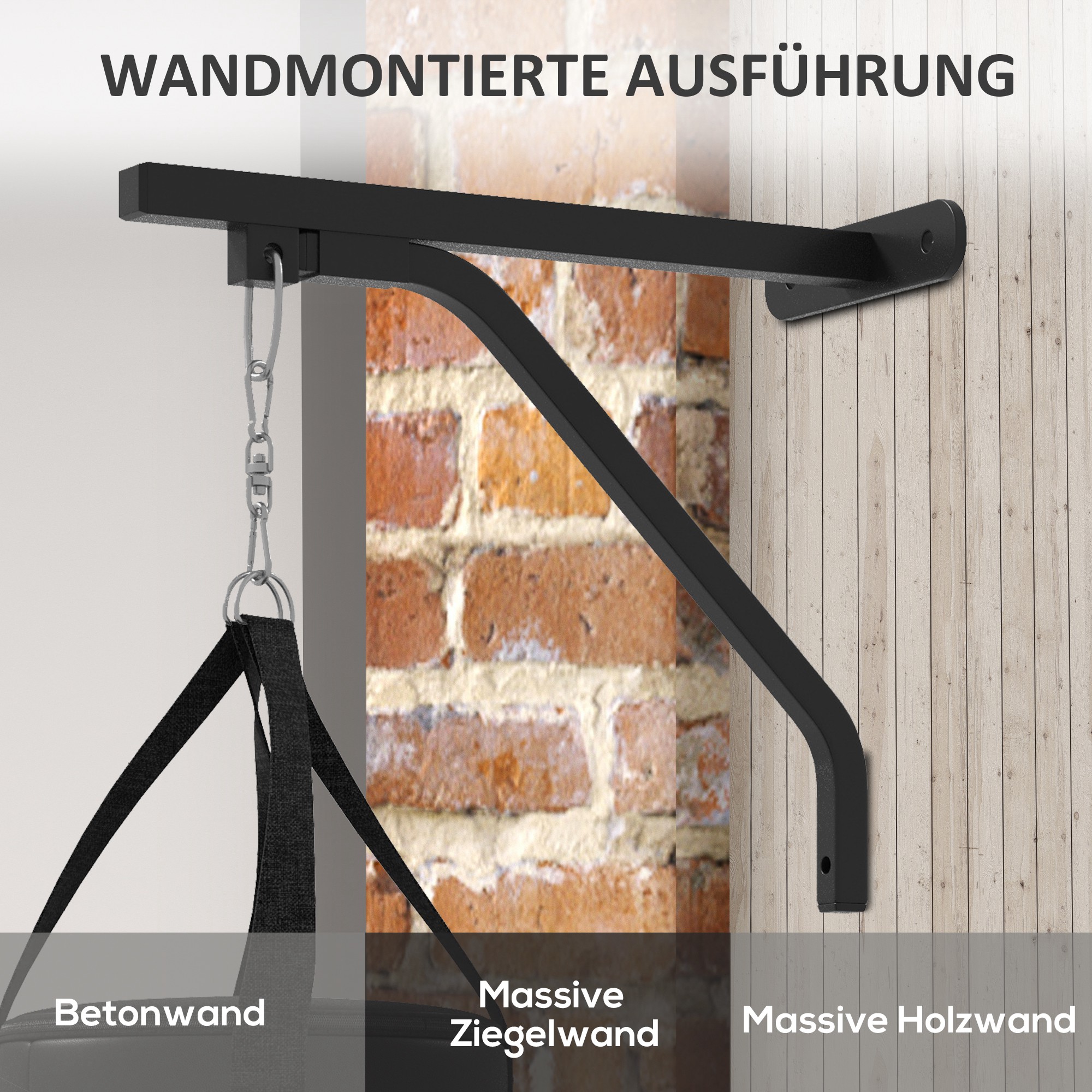 Boxsack, befüllbar, mit Wandhalterung, Handschuhen und Bandagen, bis 45 kg, Schwarz