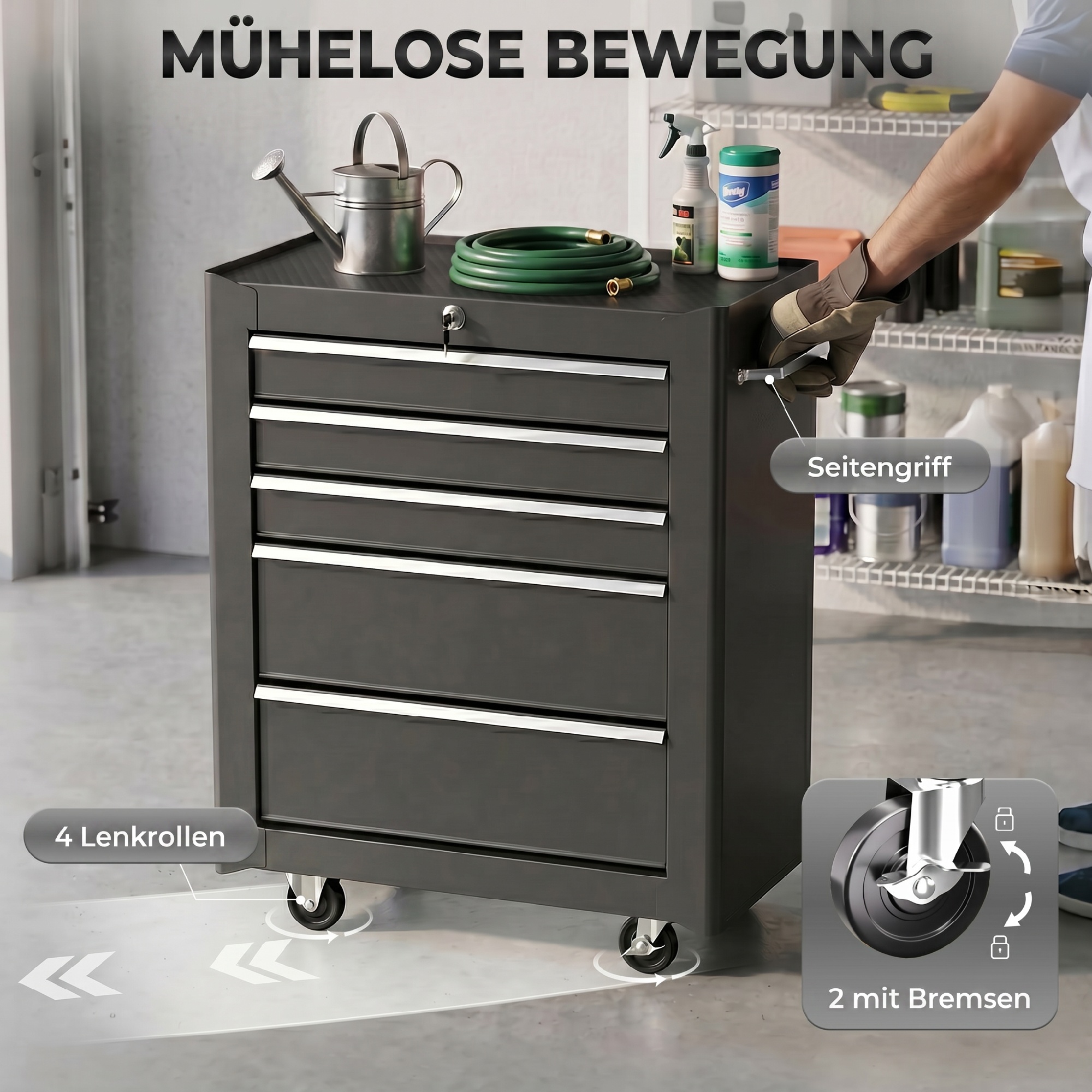 Werkzeugschrank, Werkzeugkiste, 5 Schubladen, rollbar, Stahl, Schwarz