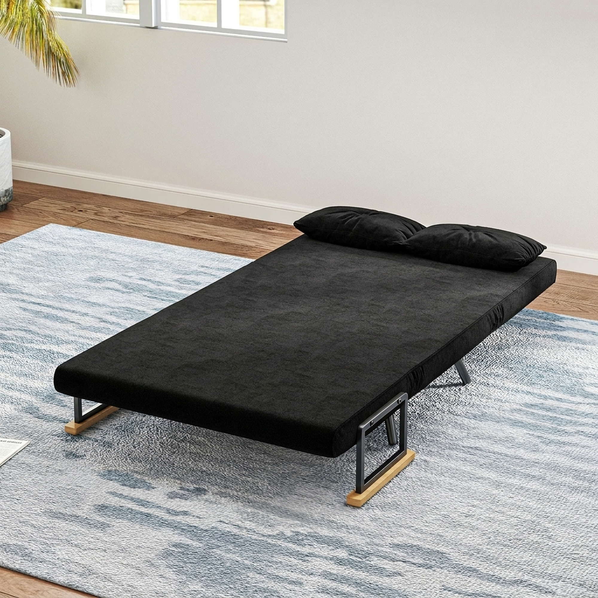 Schlafsofa 2er-Sofa Samtsofa, Schlaffunktion, inkl. 2 Kissen, Samtoptik, Schwarz