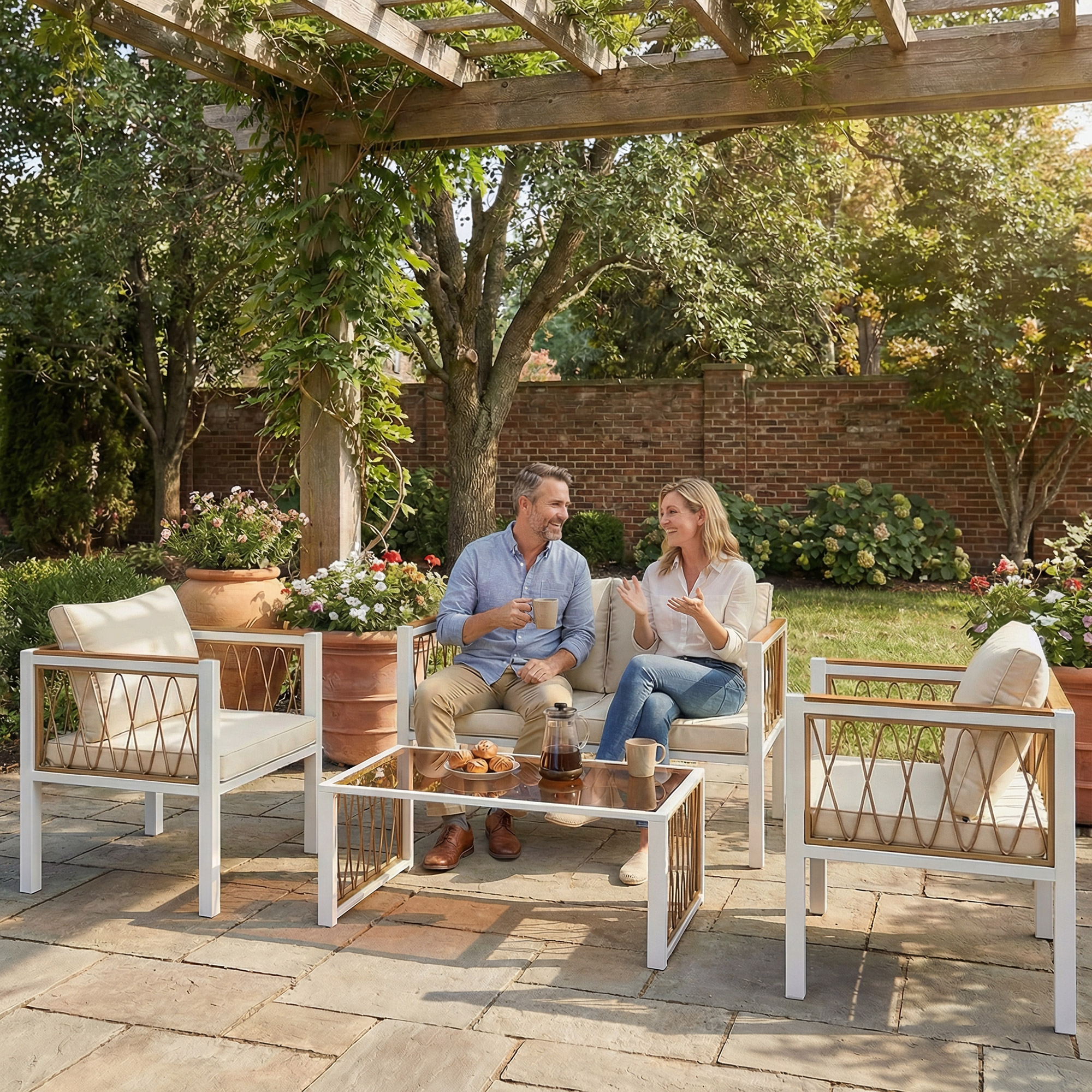 Gartenmöbel Set 4-teilig Polyrattan Lounge-Set mit Zweisitzer 2 Sessel Glastisch abnehmbar Kissen rutschfesten Matte