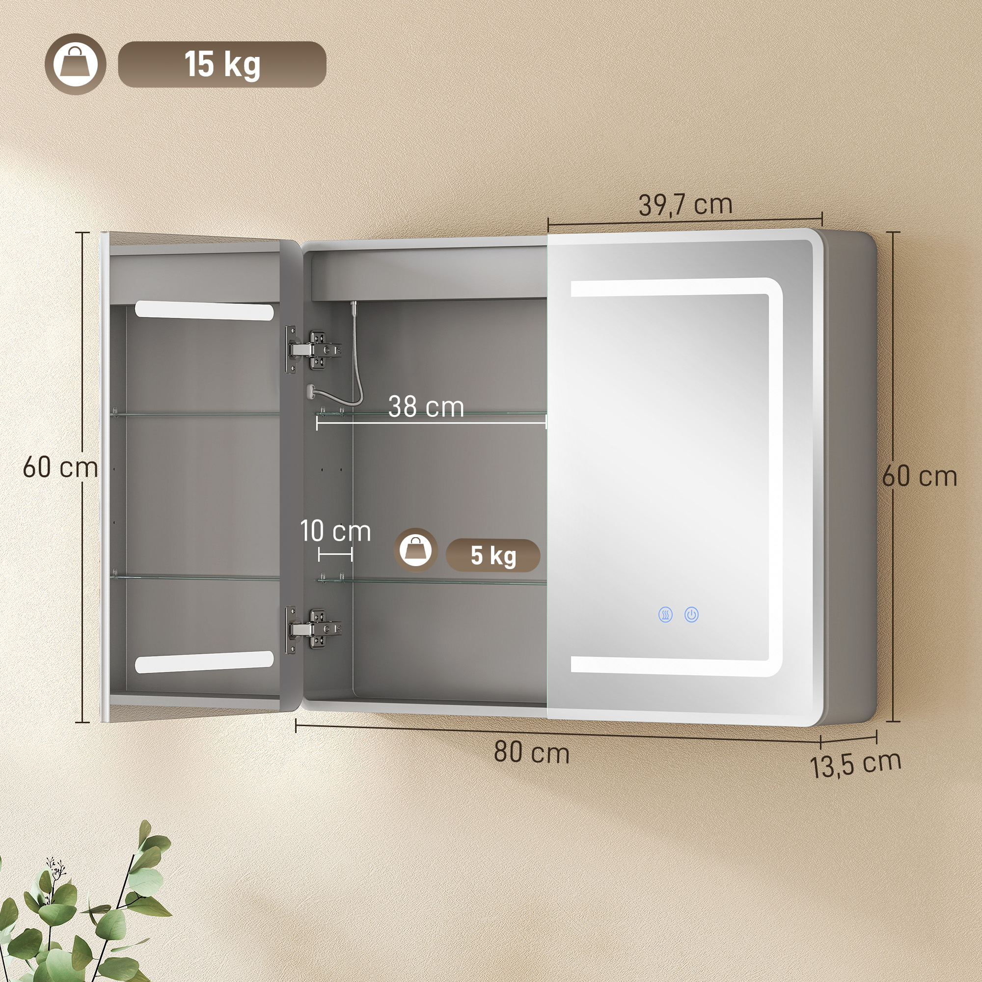 Spiegelschrank für das Badezimmer mit LED-Beleuchtung, 60 x 80 cm Badschrank mit Anti-Beschlag, 3-fach dimmbare
