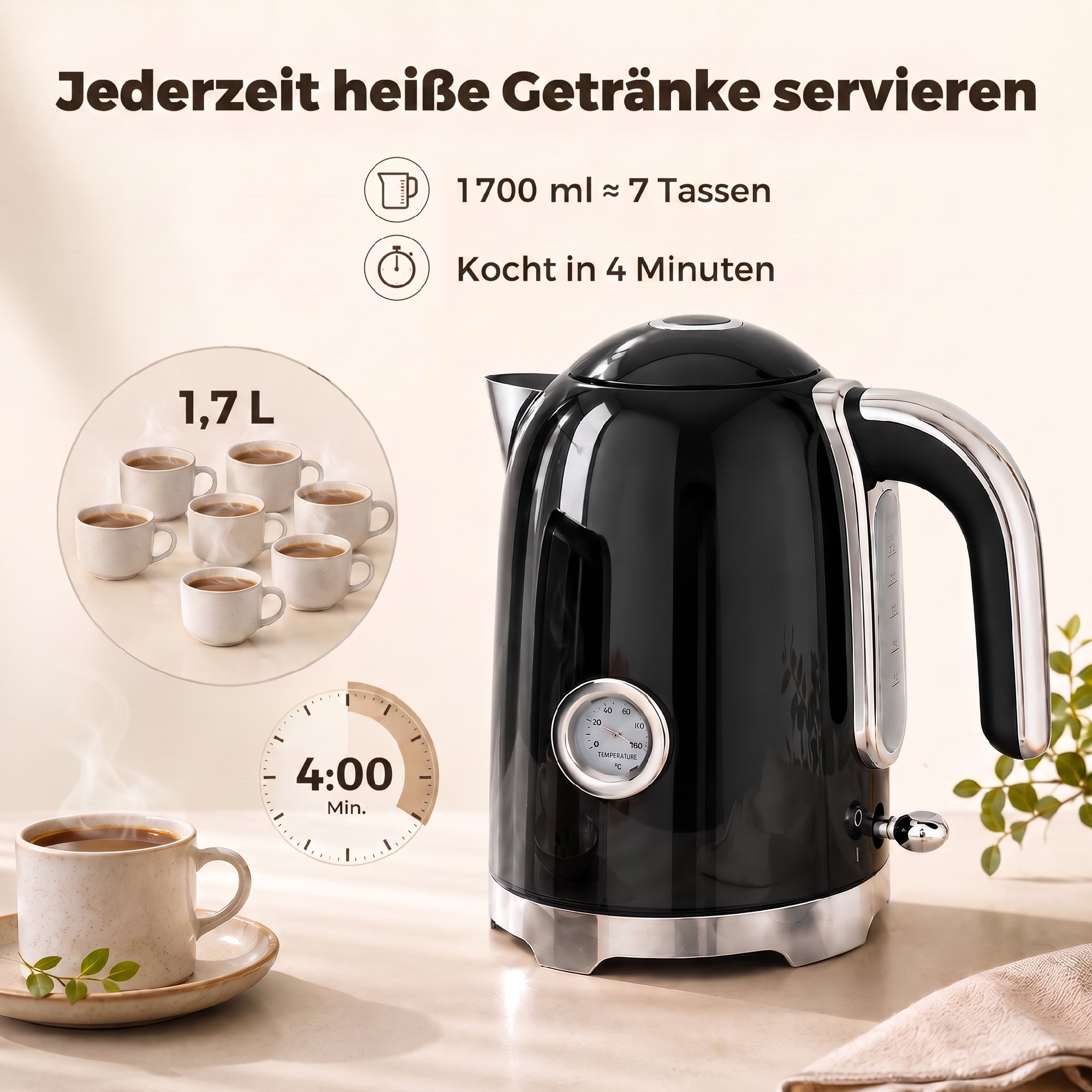 Wasserkocher und Toaster Set mit Thermometer, 1,7 l, 2200 W Wasserkocher, 2-Scheiben-Toaster mit 7 Bräunungsstufen