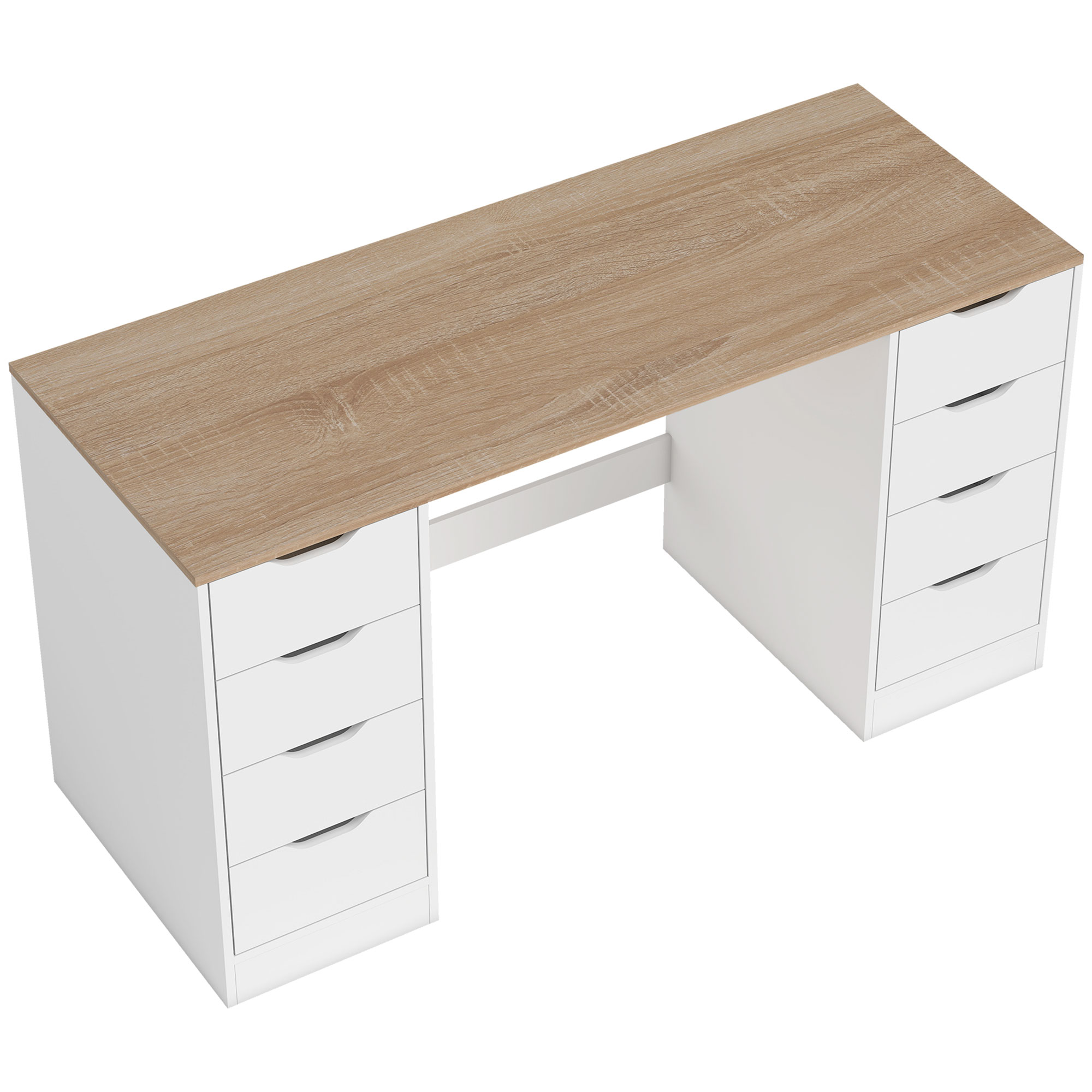 140 cm Computertisch, 8 Schubladen, Schreibtisch für Homeoffice, Schlafzimmer, Stahl, Holz, Weiß