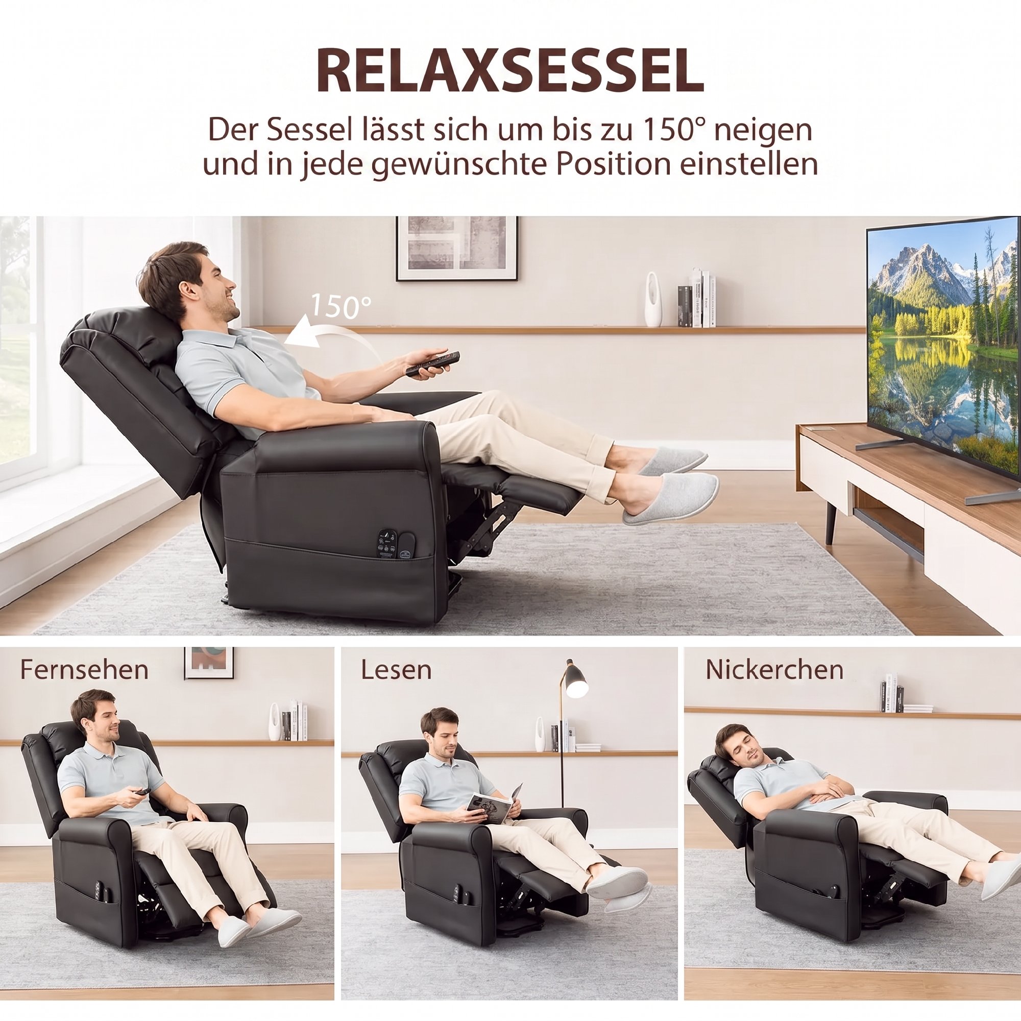 Elektrischer Aufstehsessel mit Vibrationsmassage und Wärmefunktion, Senioren-Sessel aus braunem PU-Leder