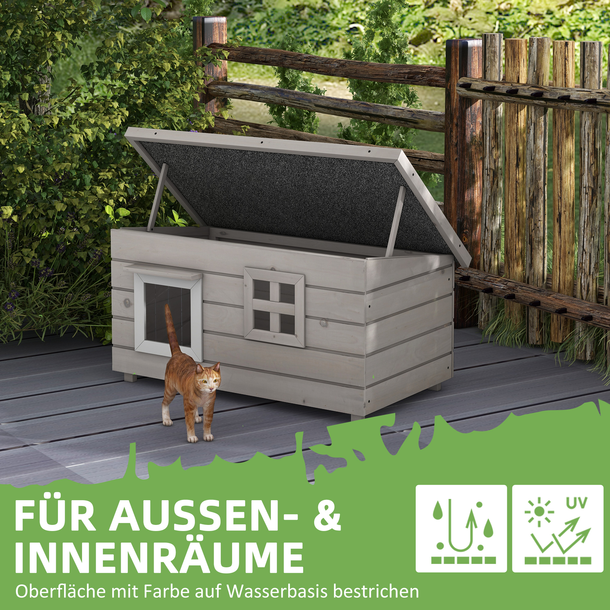 Katzenhaus aus Holz wasserdicht Katzenhütte mit Asphaltdach klappbarem Deckel Fenster Winterfest Schutzhütte Katzenhöhle Outdoor Katzenkiste für Garten Balkon Draußen 87 x 52 x 44 cm Grau
