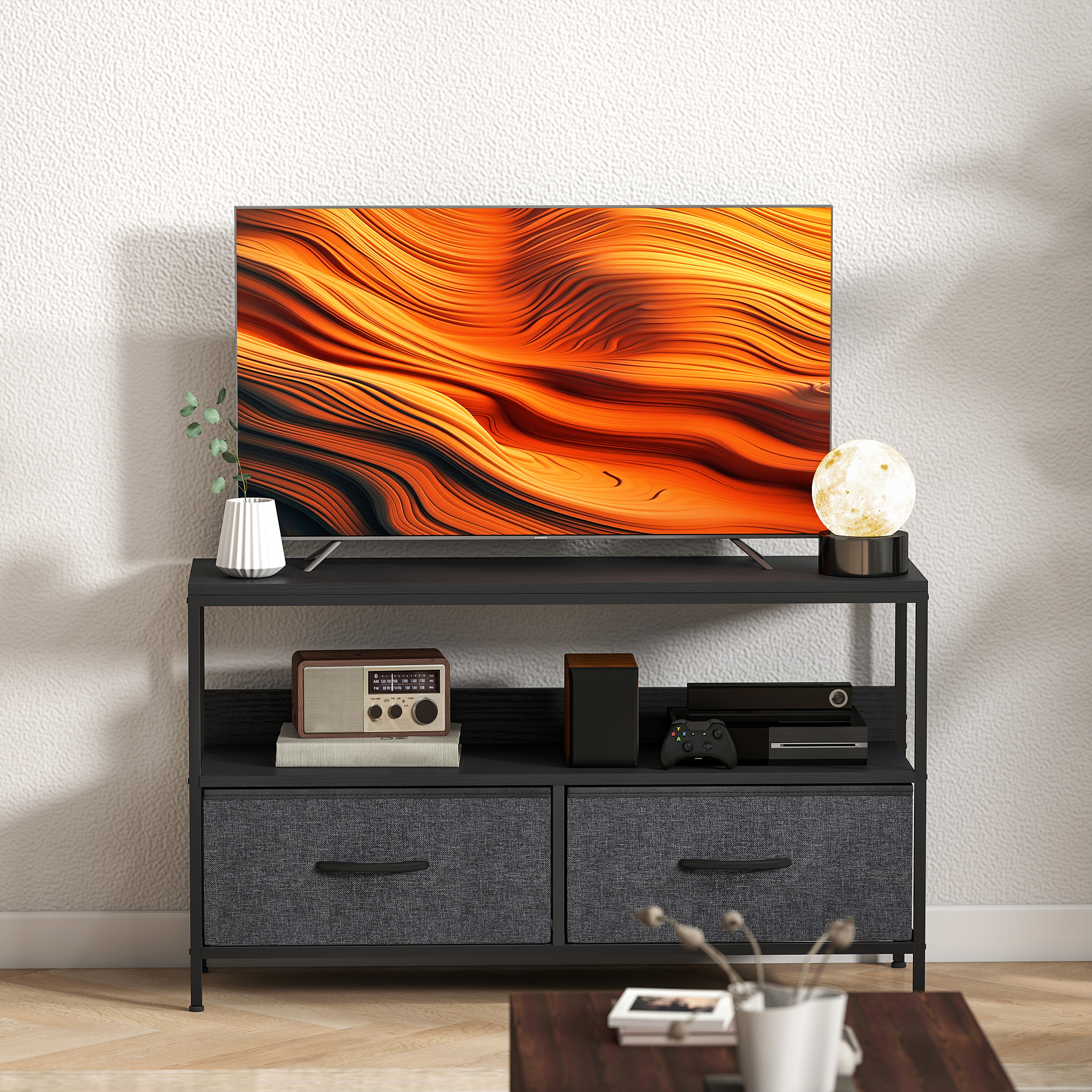 TV Schrank Lowboard mit 2 Schubladen, offenem Fach, für Fernseher bis 47 Zoll, 98 x 29 x 56 cm, Schwarz+Dunkelgrau