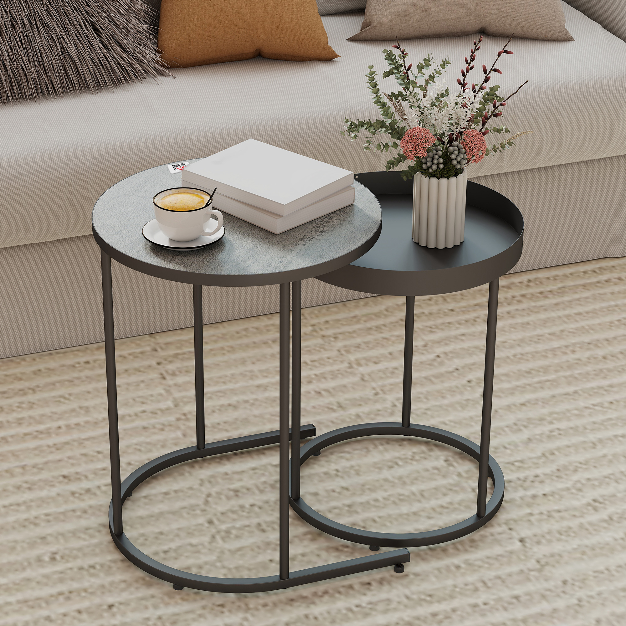 2er-Set Wohnzimmertische, ineinander verschiebbar, Tablett-Design, Metall, Grau
