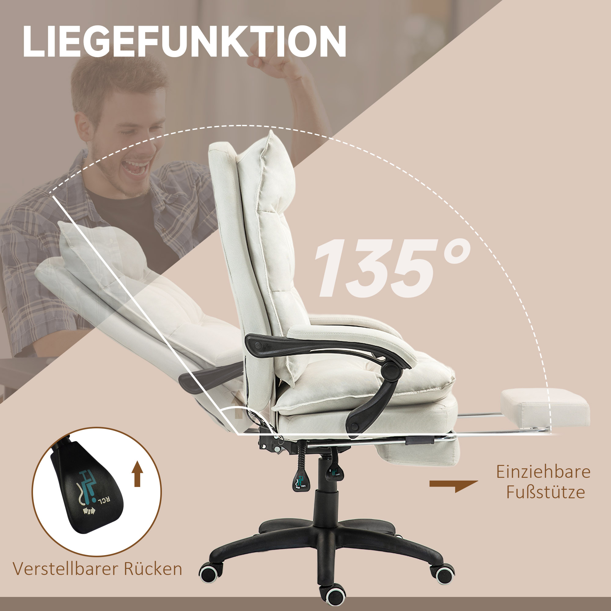 Massage-Bürostuhl, Schreibtischsessel mit Massagefunktion, höhenverstellbarer, ergonomischer Drehstuhl, Nylon, Cremeweiß