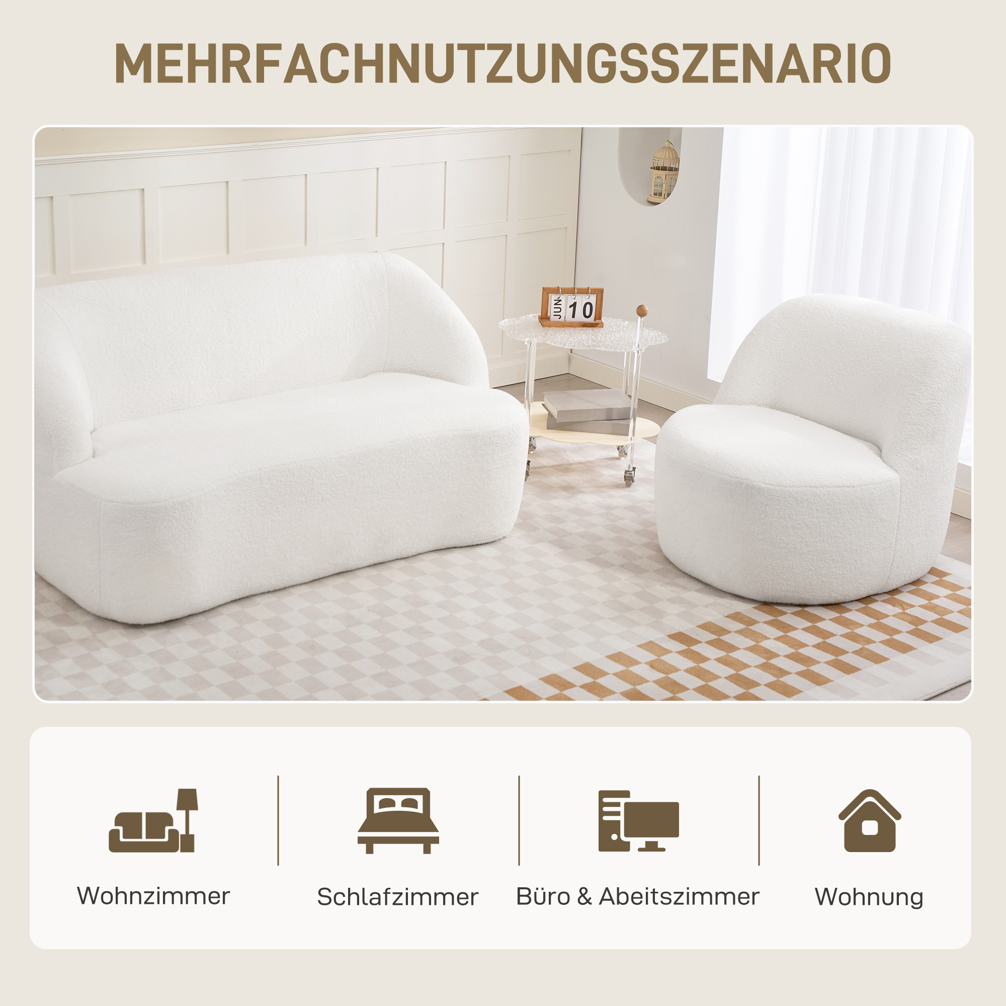 Moderner Sessel mit Fleece-Polsterung, kuscheliger Polstersessel für Wohnzimmer, Schlafzimmer, Homeoffice, Cremeweiß