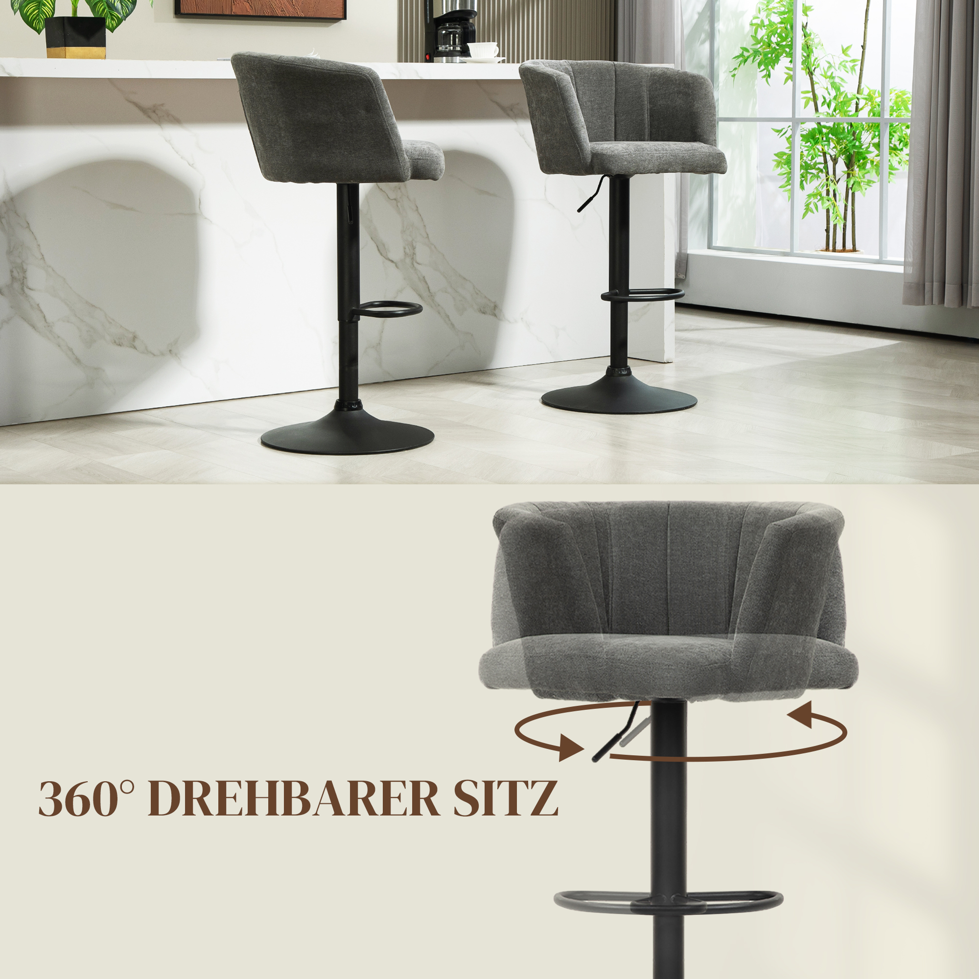 Barhocker 2er-Set, Schalenrücken, höhenverstellbar, Fußstütze, für Küche oder Esszimmer, Metallbasis, Dunkelgrau